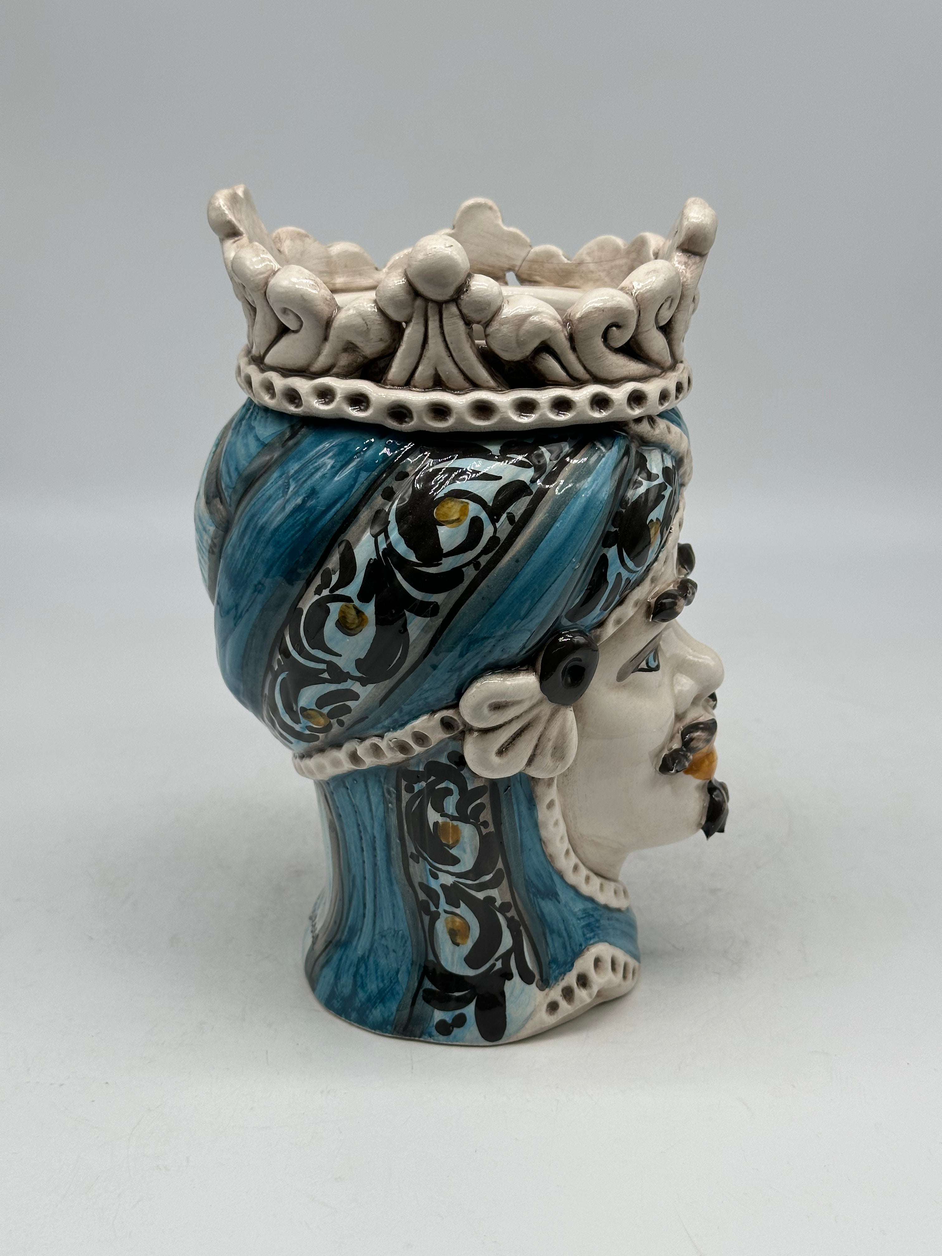 FINE SERIE - Testa di Moro Uomo Moresca Ceramica Caltagirone cm H.22 L.13 Artigianale Decorazione 2020 Blu - Re Bianco