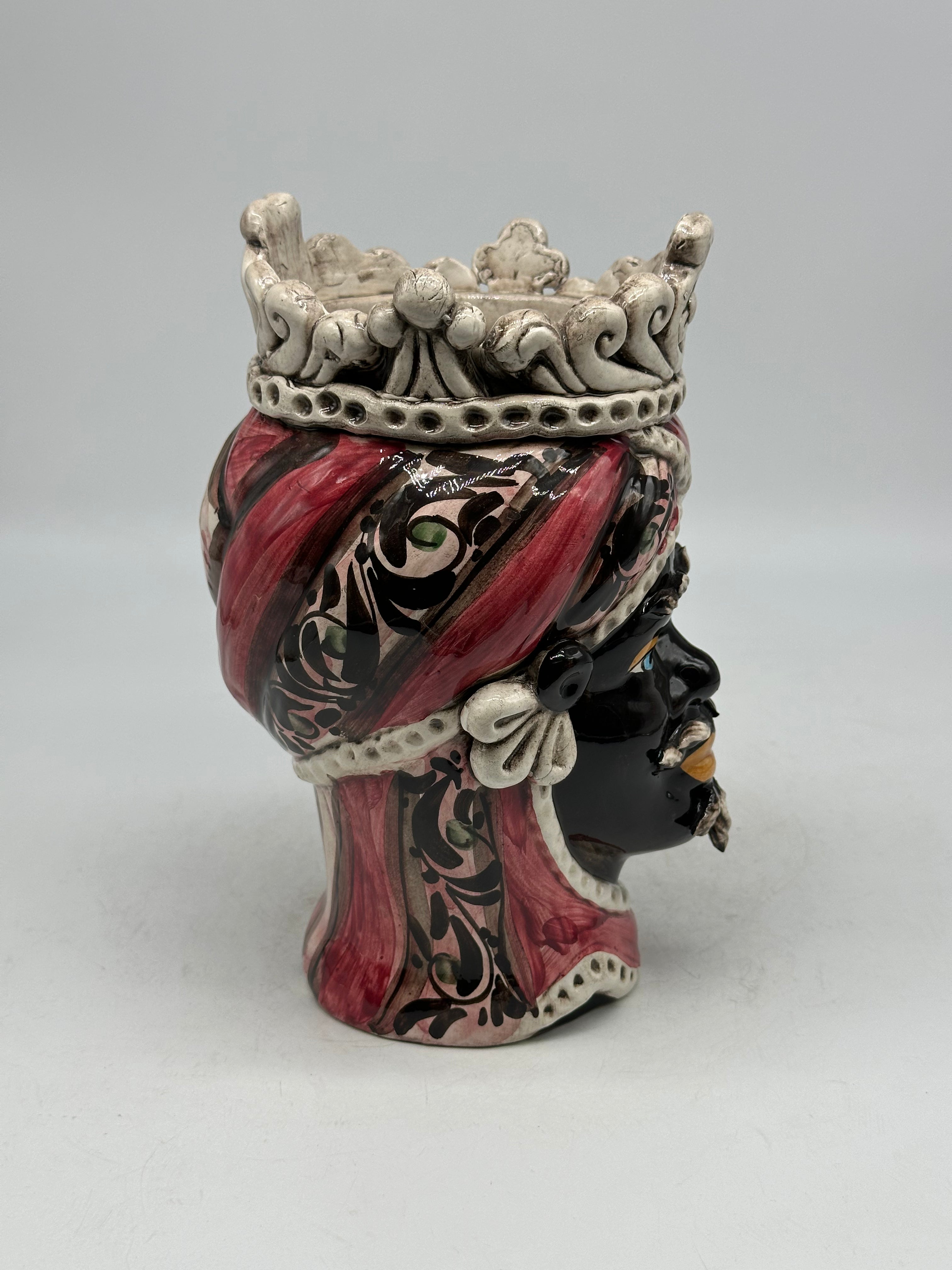 FINE SERIE - Testa di Moro Uomo Moresca Ceramica Caltagirone cm H.22 L.13 Artigianale Decorazione 2020 Rosa - Moro