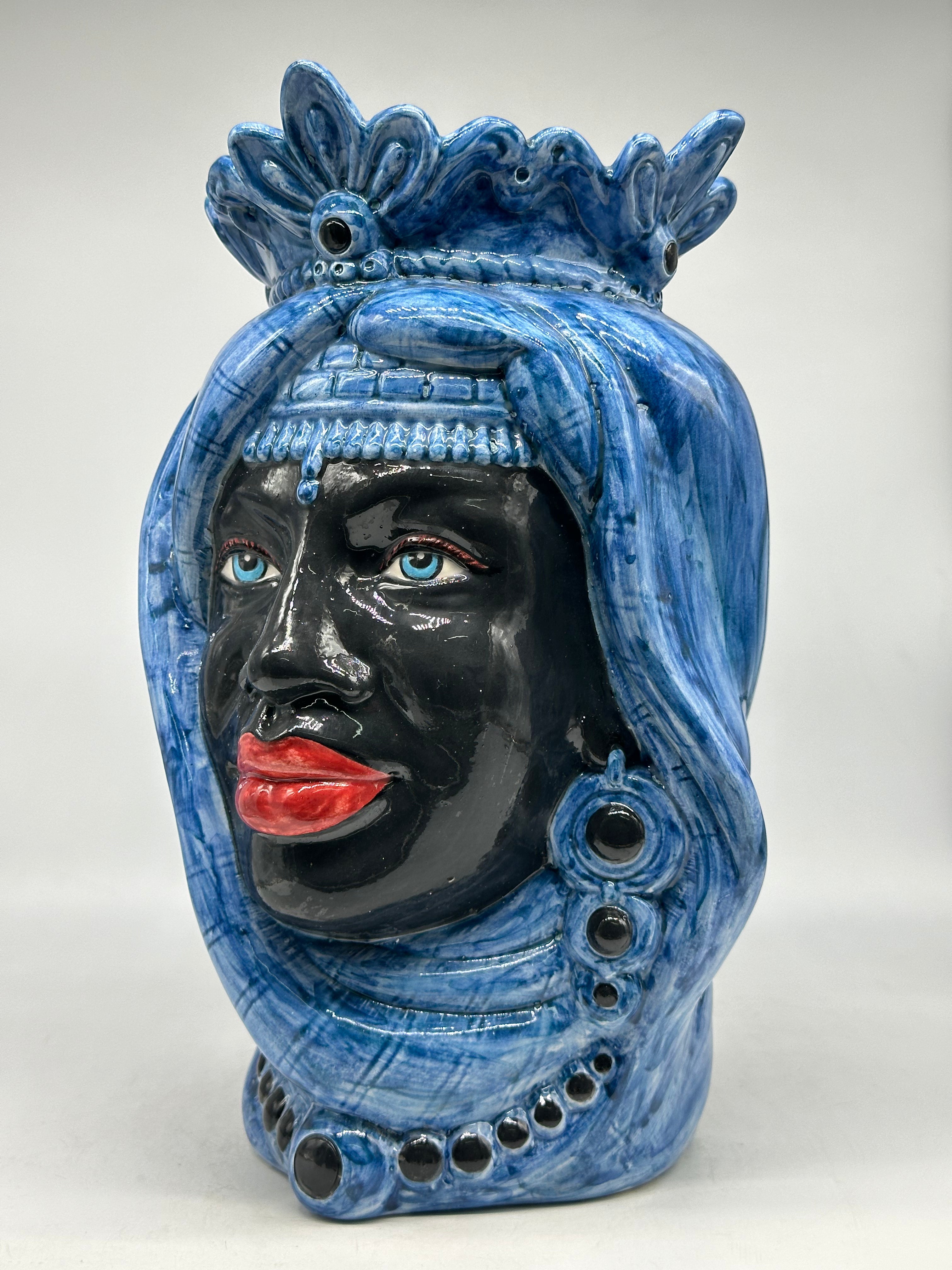 FINE SERIE - Teste di Moro Afro Donna Ceramica Caltagirone cm H.35 L.23 Artigianale Turbante Blu - Uomo - TESTE DI MORO
