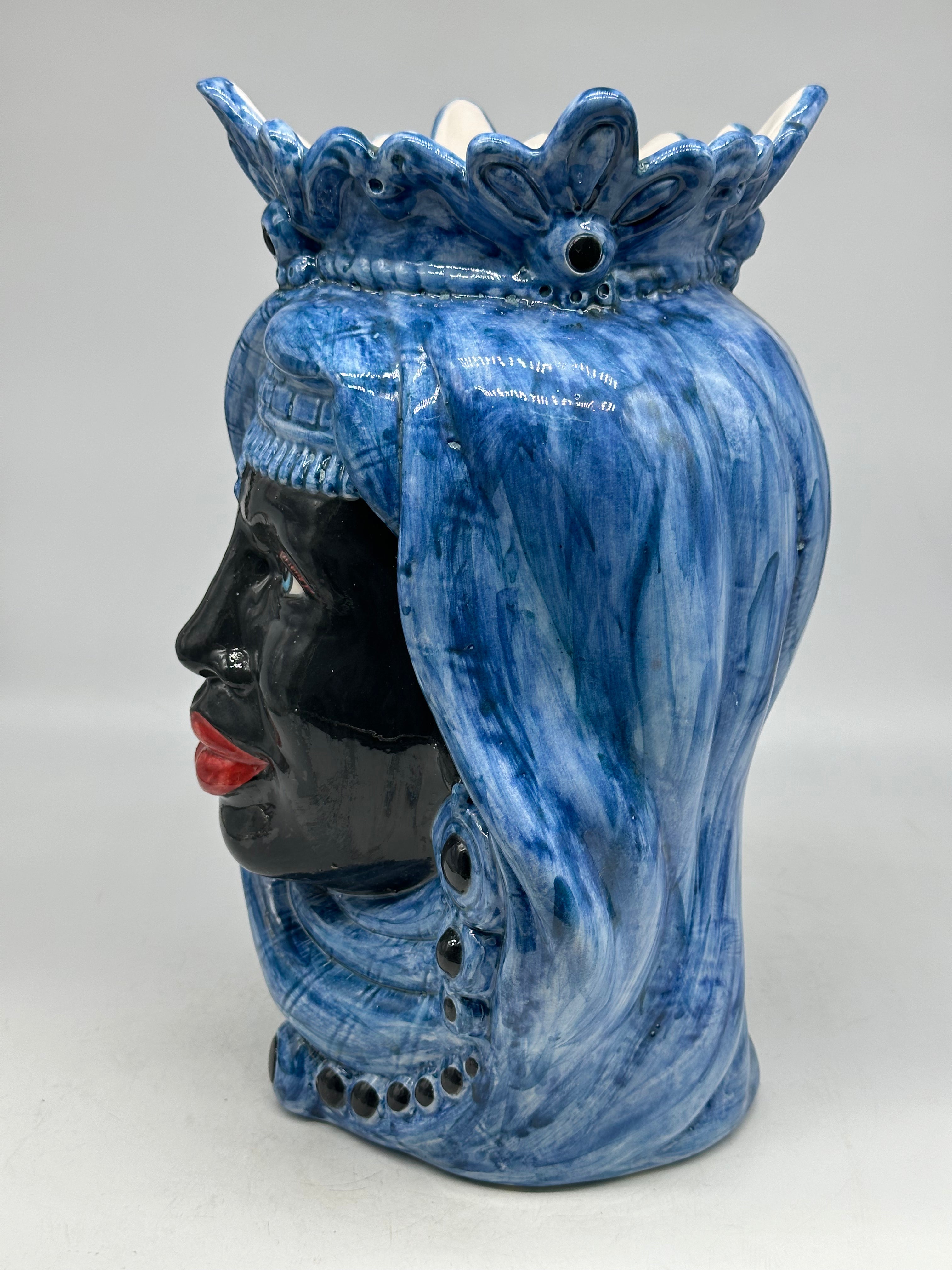 FINE SERIE - Teste di Moro Afro Donna Ceramica Caltagirone cm H.35 L.23 Artigianale Turbante Blu - Uomo - TESTE DI MORO