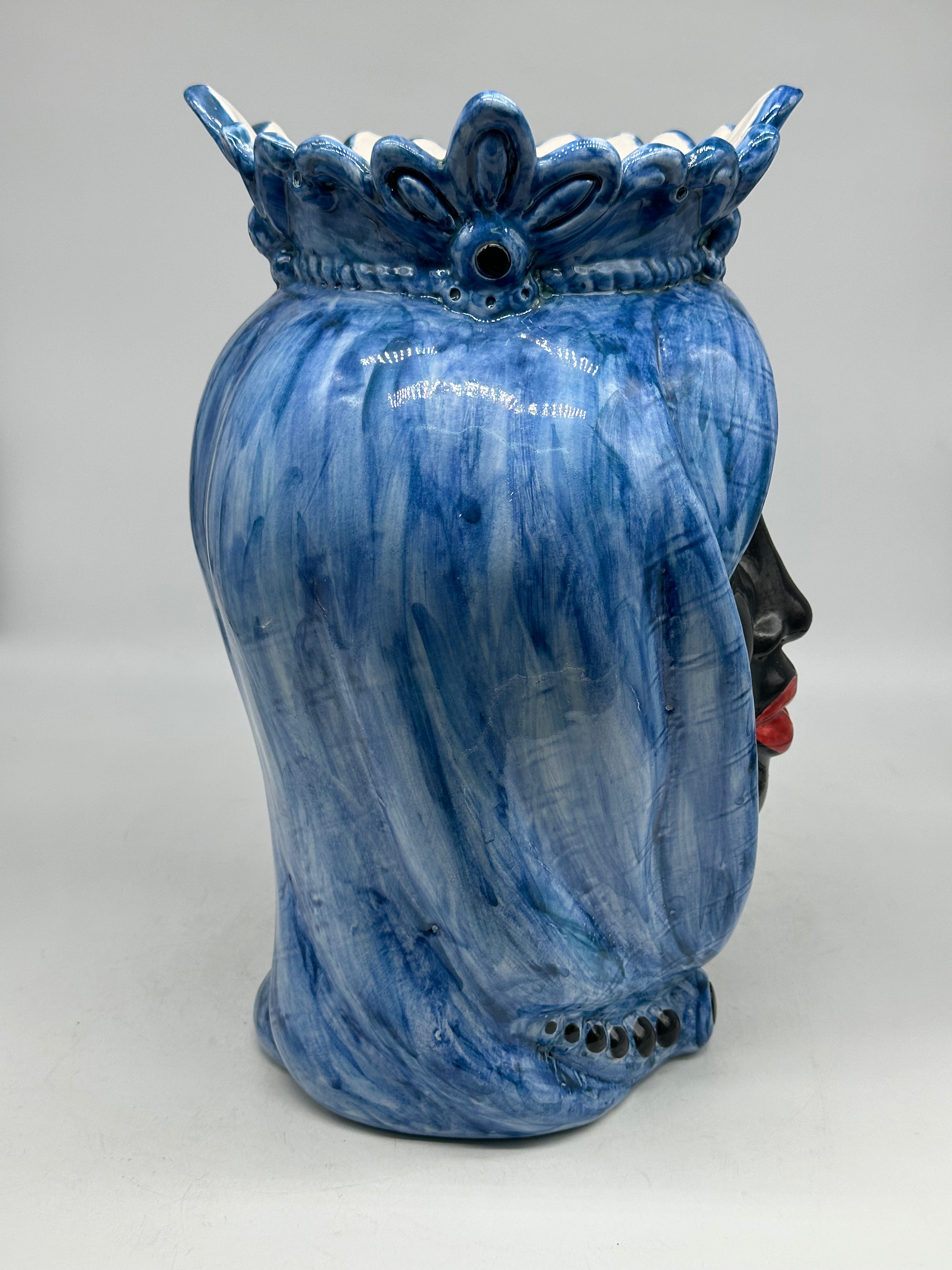 FINE SERIE - Teste di Moro Afro Donna Ceramica Caltagirone cm H.35 L.23 Artigianale Turbante Blu - Uomo - TESTE DI MORO