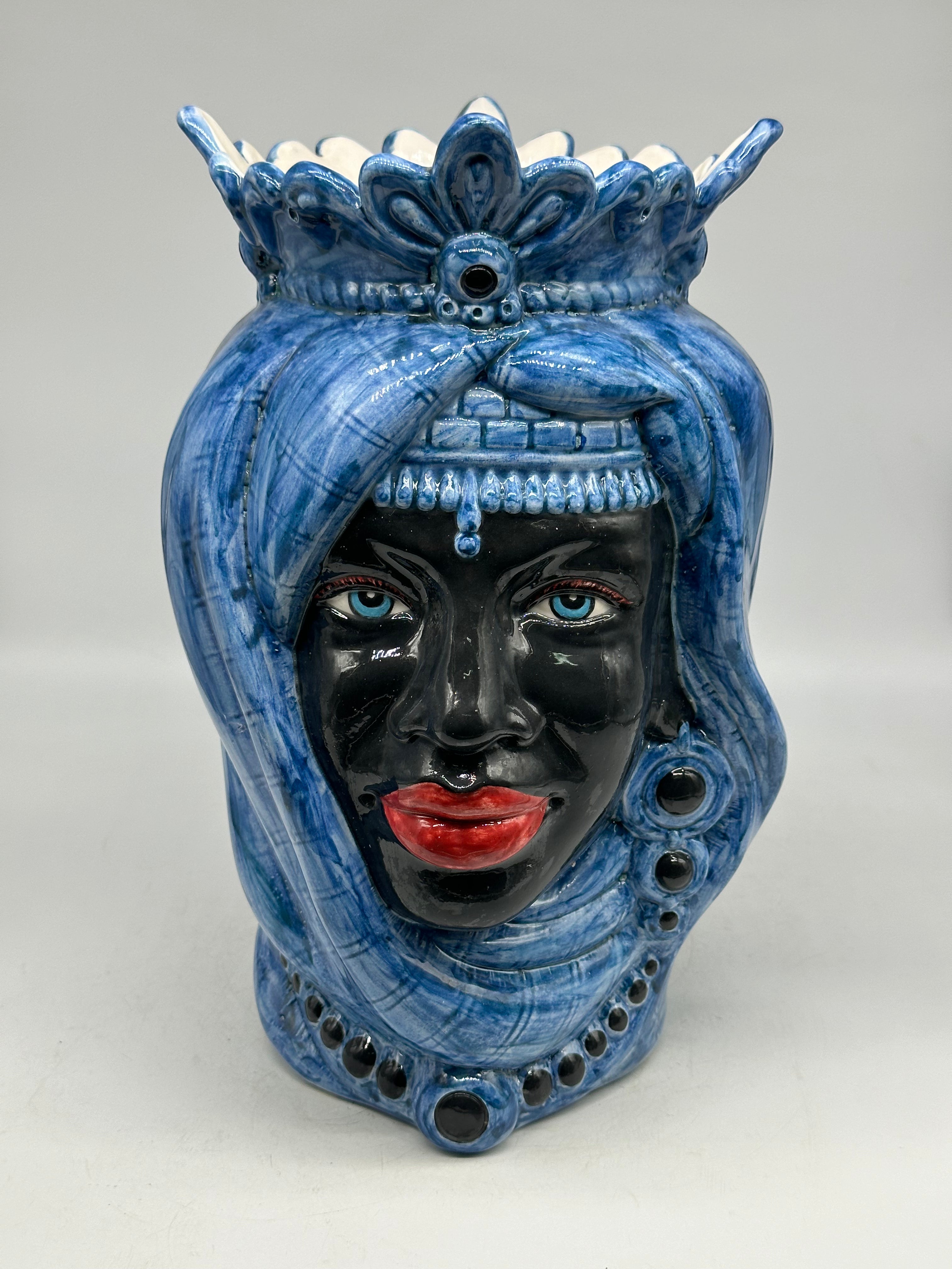 FINE SERIE - Teste di Moro Afro Donna Ceramica Caltagirone cm H.35 L.23 Artigianale Turbante Blu - Uomo - TESTE DI MORO