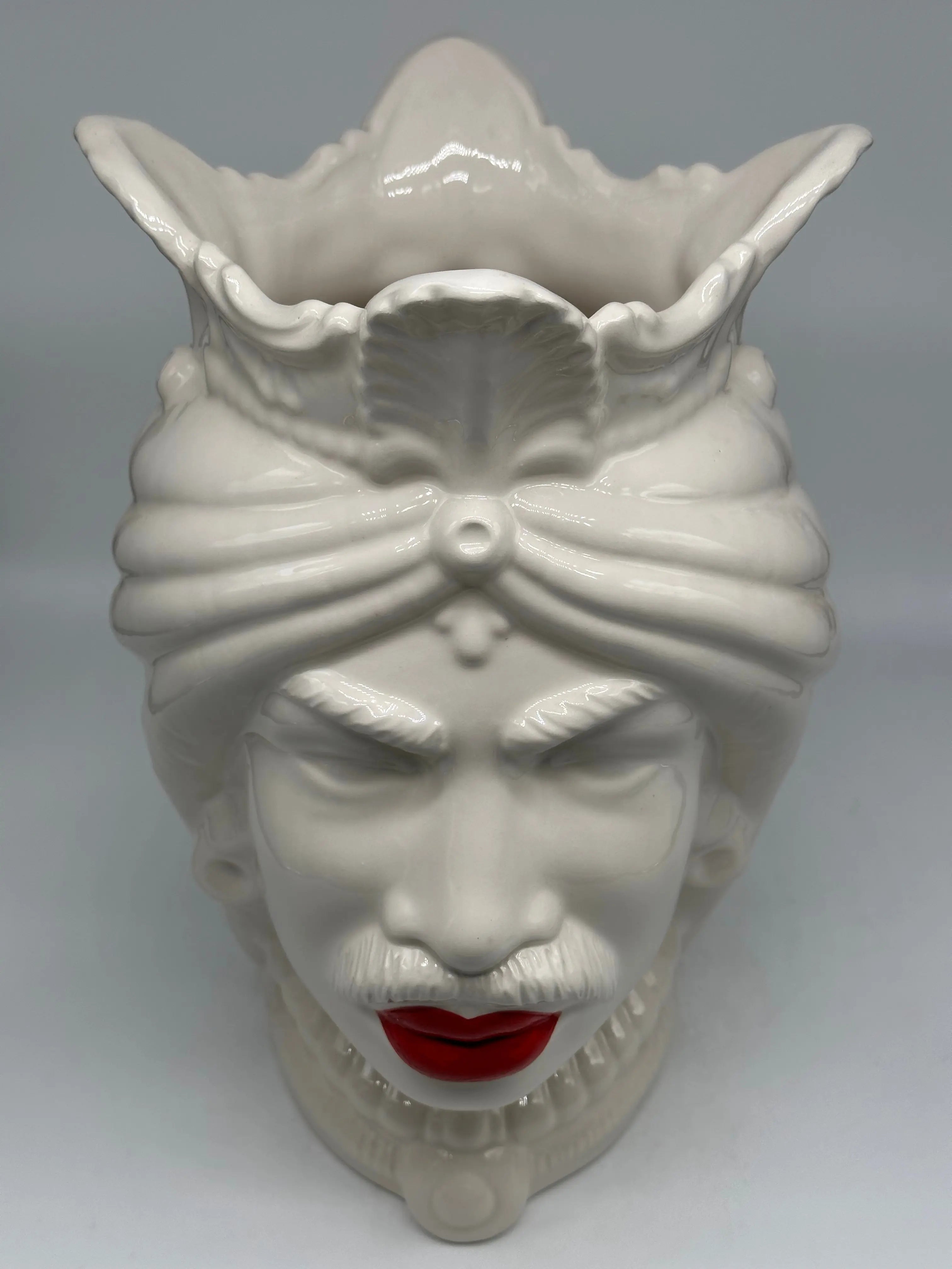 FINE SERIE - Teste di Moro Afro Uomo Ceramica Caltagirone cm H.35 L.23 Artigianale Bianco Labbra Rosse DD CERAMICHE SICILIANE