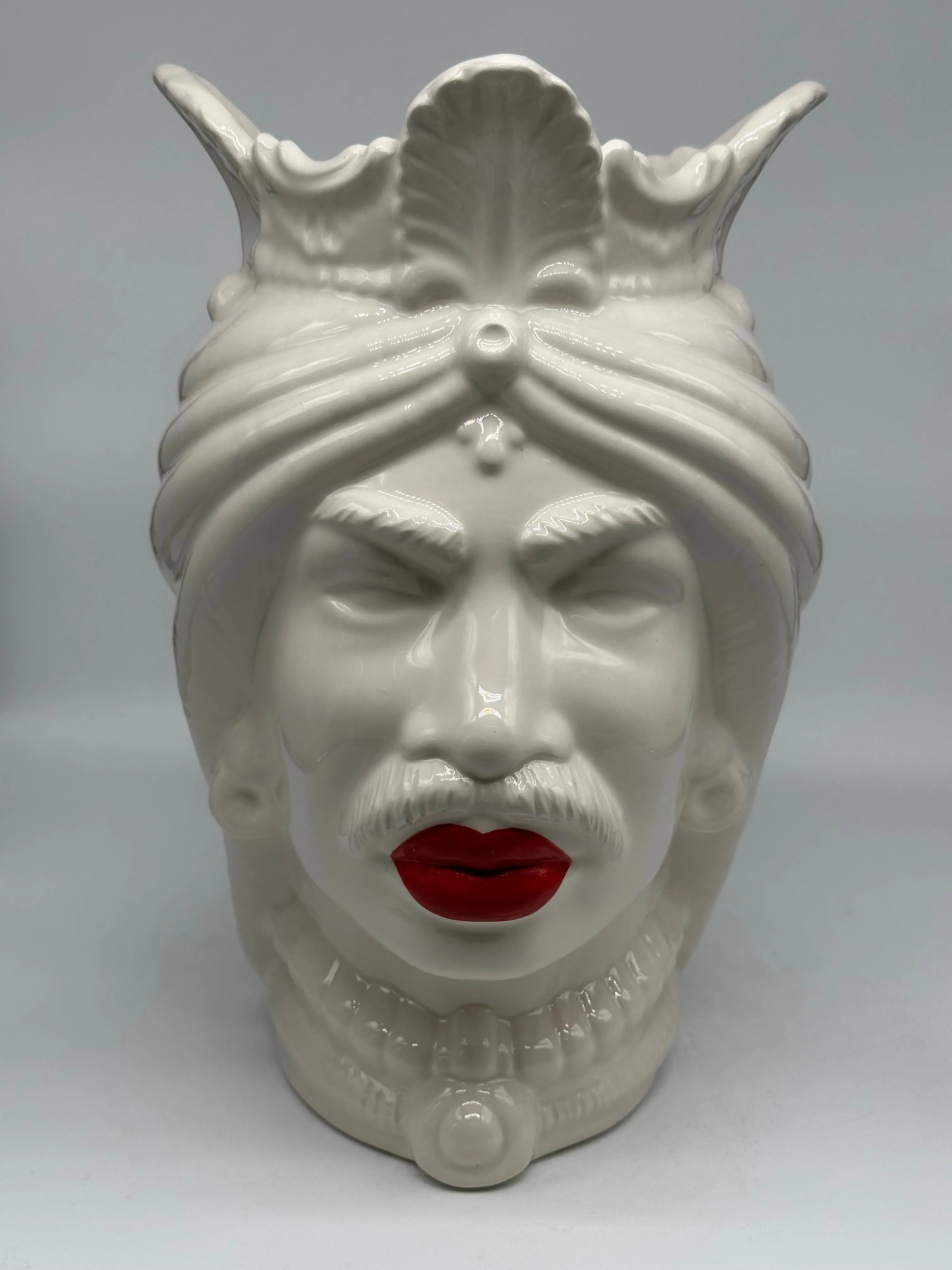 FINE SERIE - Teste di Moro Afro Uomo Ceramica Caltagirone cm H.35 L.23 Artigianale Bianco Labbra Rosse DD CERAMICHE SICILIANE