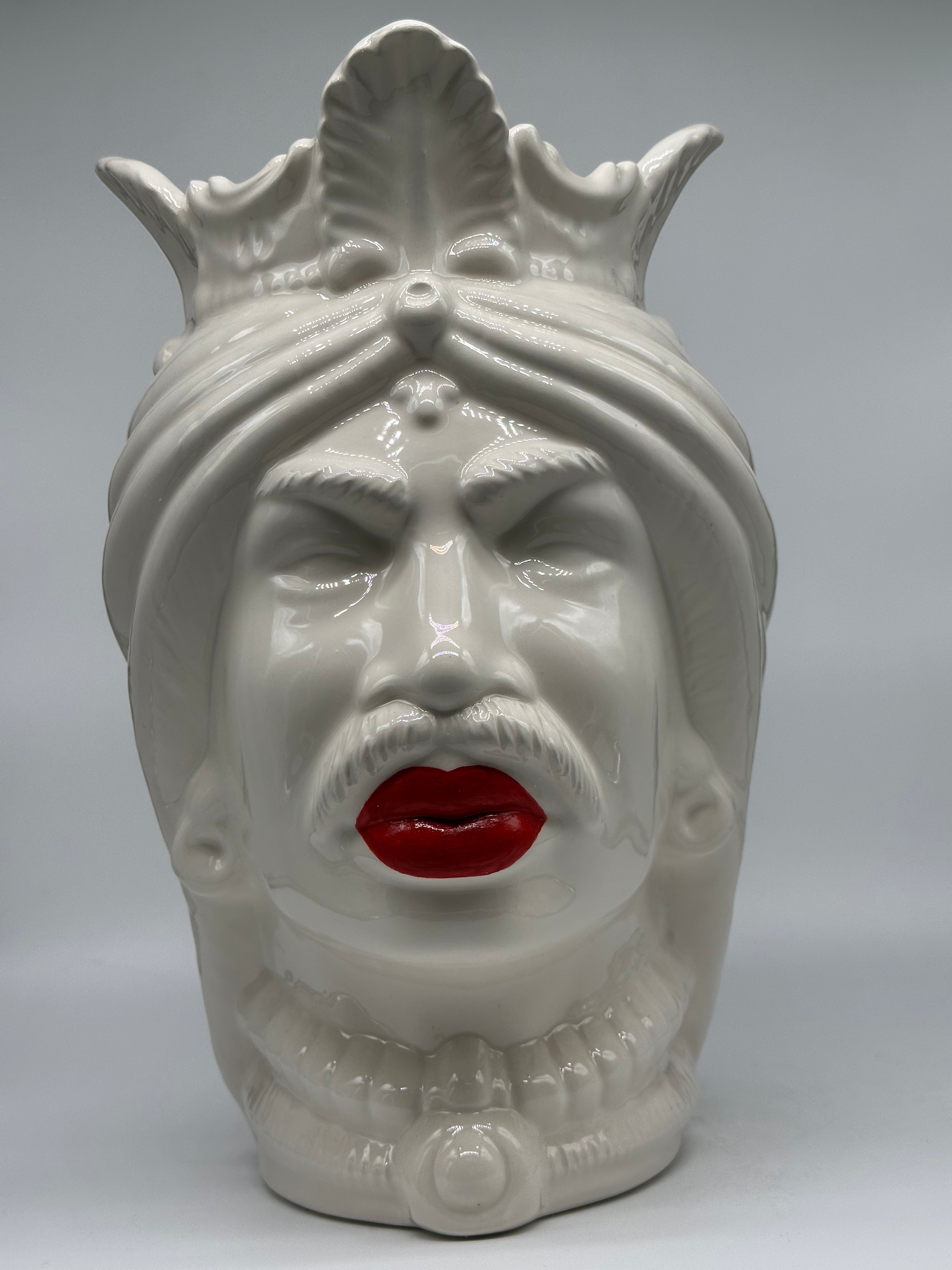 FINE SERIE - Teste di Moro Afro Uomo Ceramica Caltagirone cm H.35 L.23 Artigianale Bianco Labbra Rosse DD CERAMICHE SICILIANE