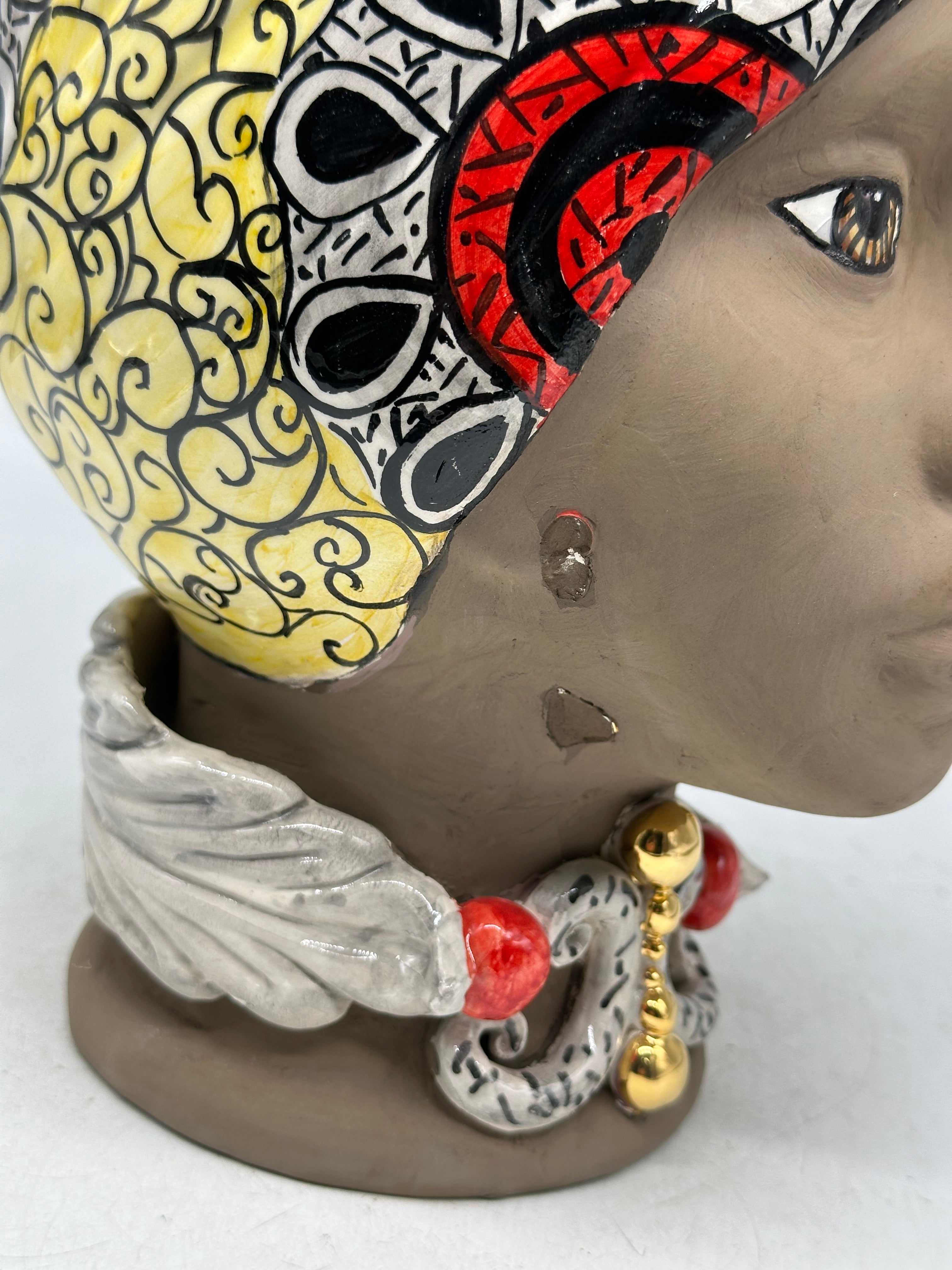 FINE SERIE - Teste di Moro Diana Ceramica Caltagirone cm H.30 L.20 Artigianale Écru Oro Sfere Fango - TESTE DI MORO