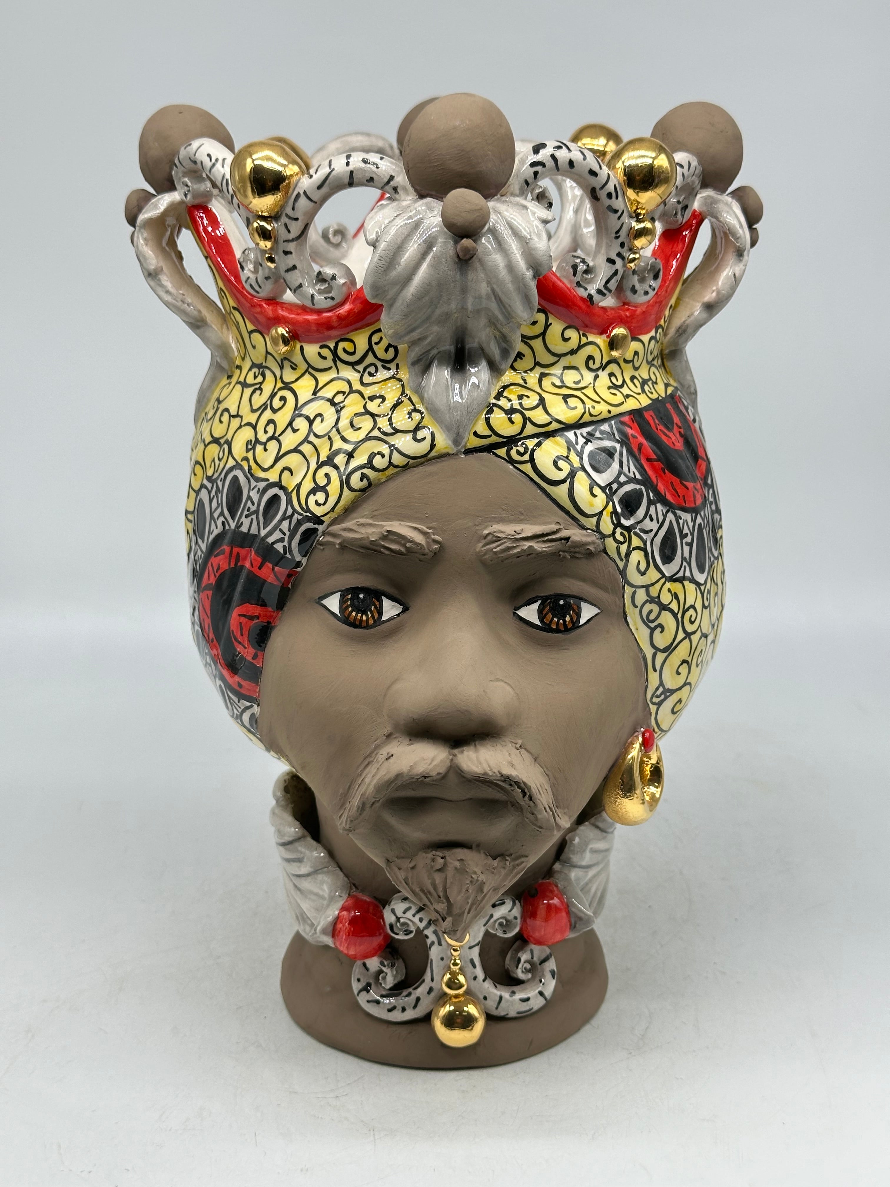 FINE SERIE - Teste di Moro Diana Ceramica Caltagirone cm H.30 L.20 Artigianale Écru Oro Sfere Fango - Uomo - TESTE
