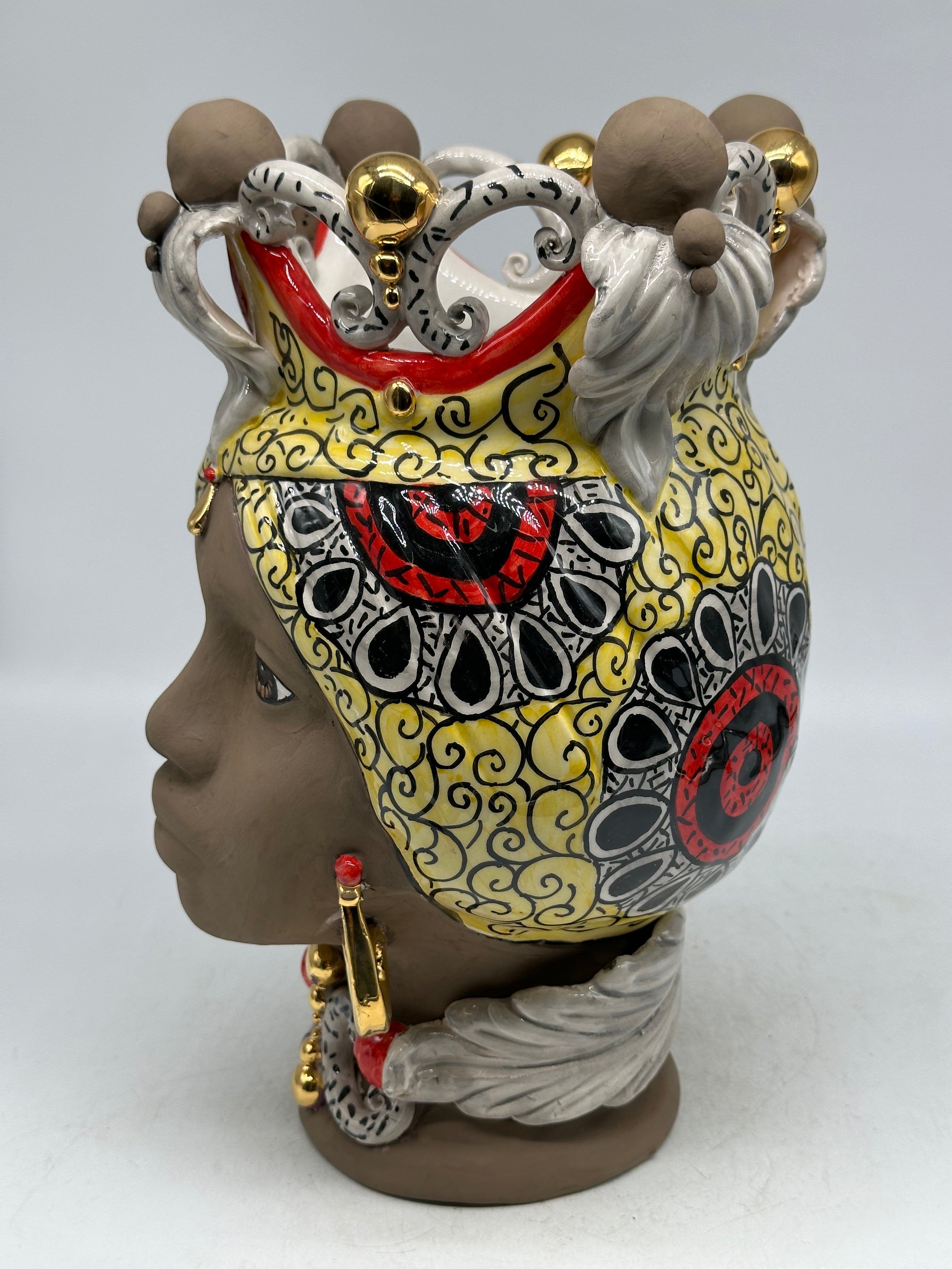 FINE SERIE - Teste di Moro Diana Ceramica Caltagirone cm H.30 L.20 Artigianale Écru Oro Sfere Fango - TESTE DI MORO