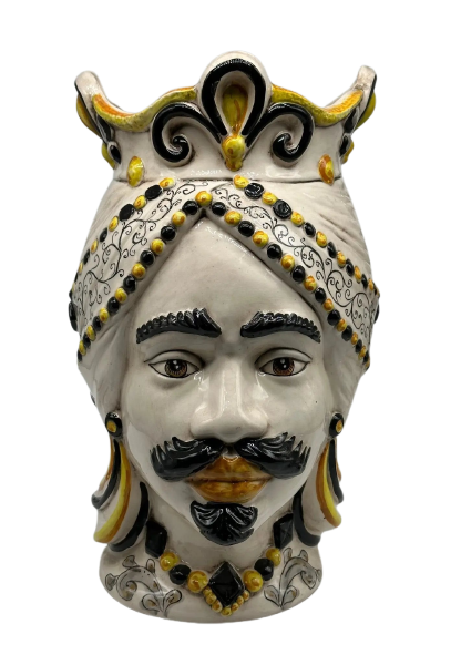 FINE SERIE - Teste di Moro Saturno Ceramica Caltagirone cm H.37 L.22 Artigianale Barocco Ocra Nero - Re - TESTA DI MORO