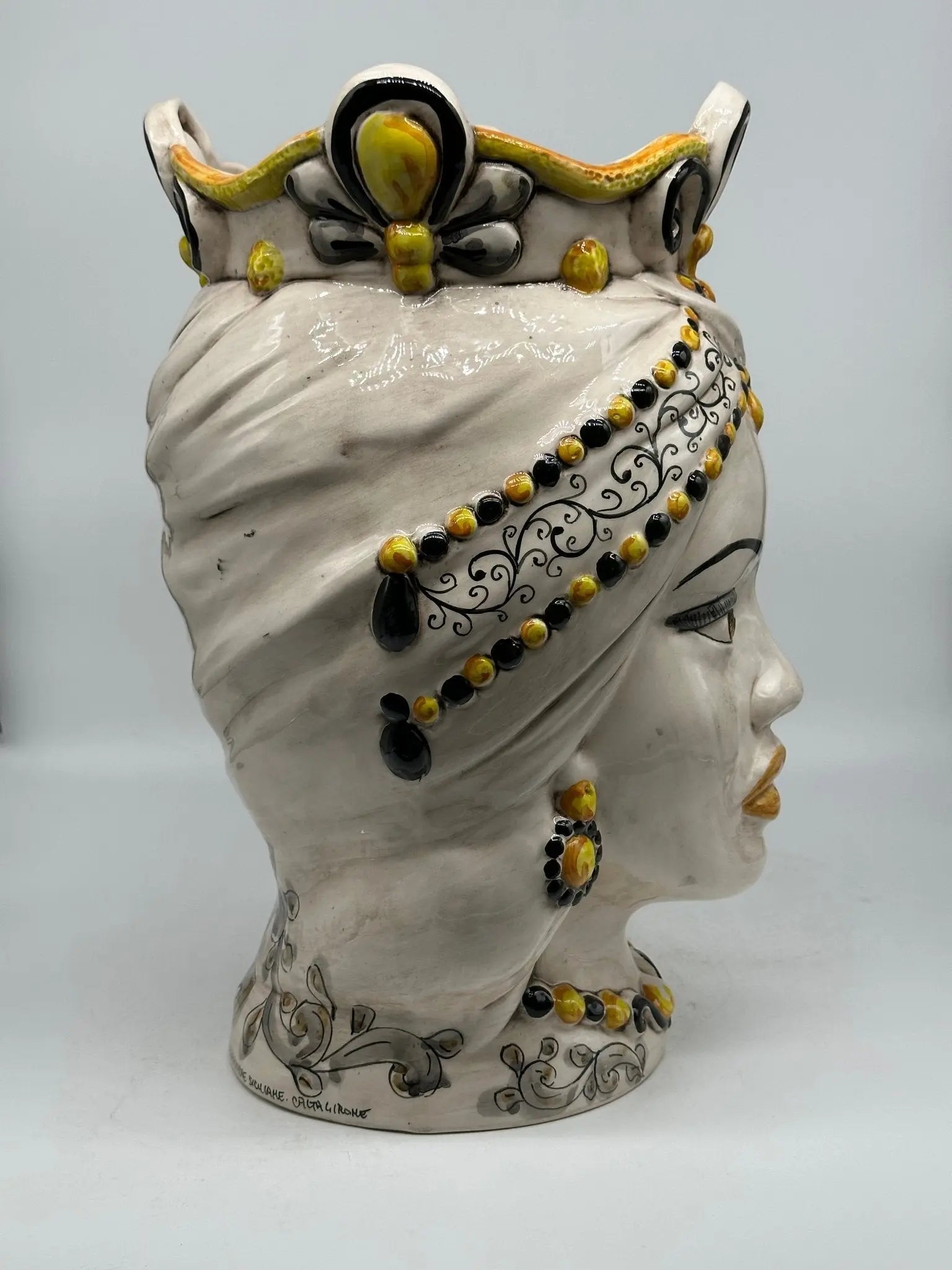 FINE SERIE - Teste di Moro Saturno Ceramica Caltagirone cm H.37 L.22 Artigianale Barocco Ocra Nero - TESTA DI MORO