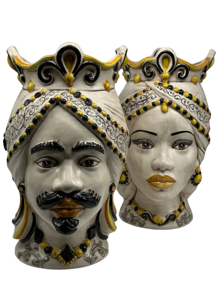 FINE SERIE - Teste di Moro Saturno Ceramica Caltagirone cm H.37 L.22 Artigianale Barocco Ocra Nero - TESTA DI MORO