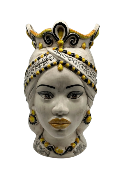 FINE SERIE - Teste di Moro Saturno Ceramica Caltagirone cm H.37 L.22 Artigianale Barocco Ocra Nero - Regina - TESTA