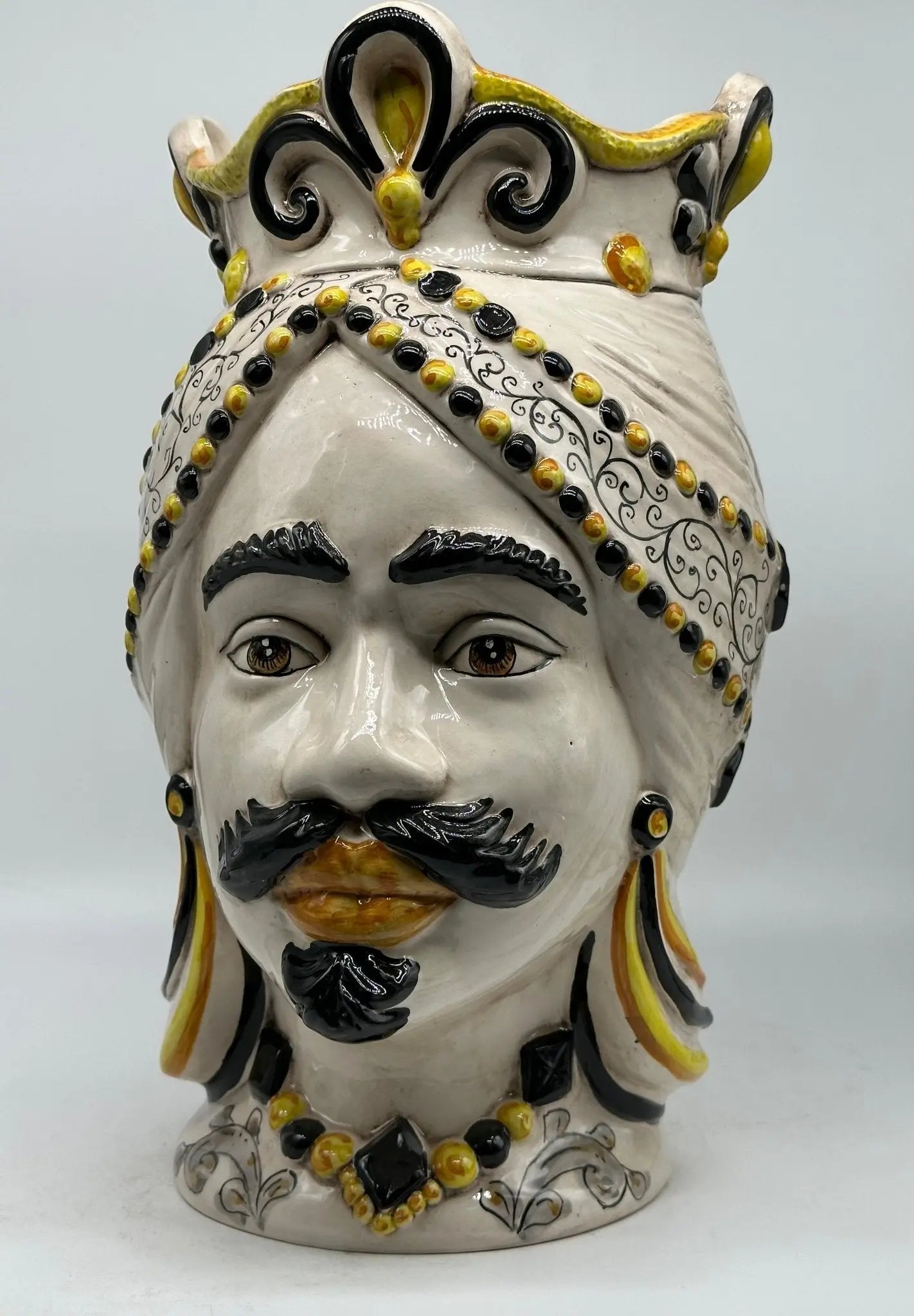 FINE SERIE - Teste di Moro Saturno Ceramica Caltagirone cm H.37 L.22 Artigianale Barocco Ocra Nero - TESTA DI MORO