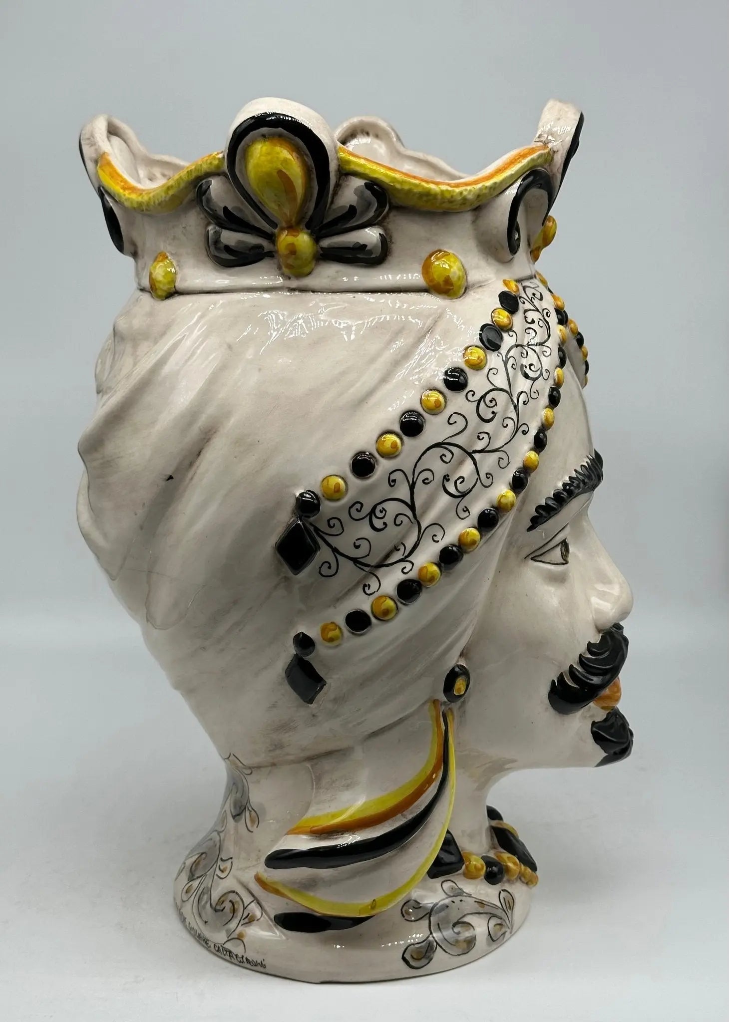 FINE SERIE - Teste di Moro Saturno Ceramica Caltagirone cm H.37 L.22 Artigianale Barocco Ocra Nero - TESTA DI MORO