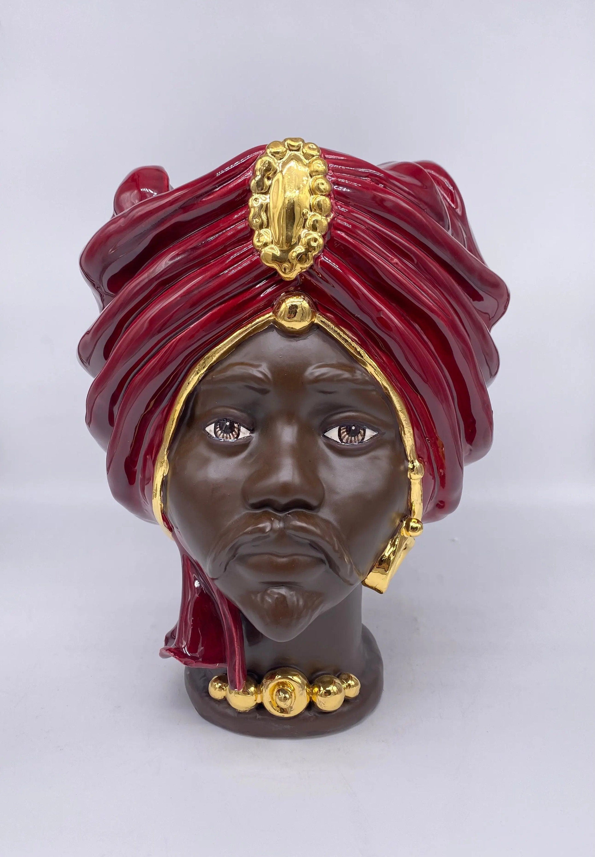 Teste di Moro Atena Ceramica Caltagirone cm H.30 L.23 Artigianale Bordeaux Marrone Oro DD CERAMICHE SICILIANE
