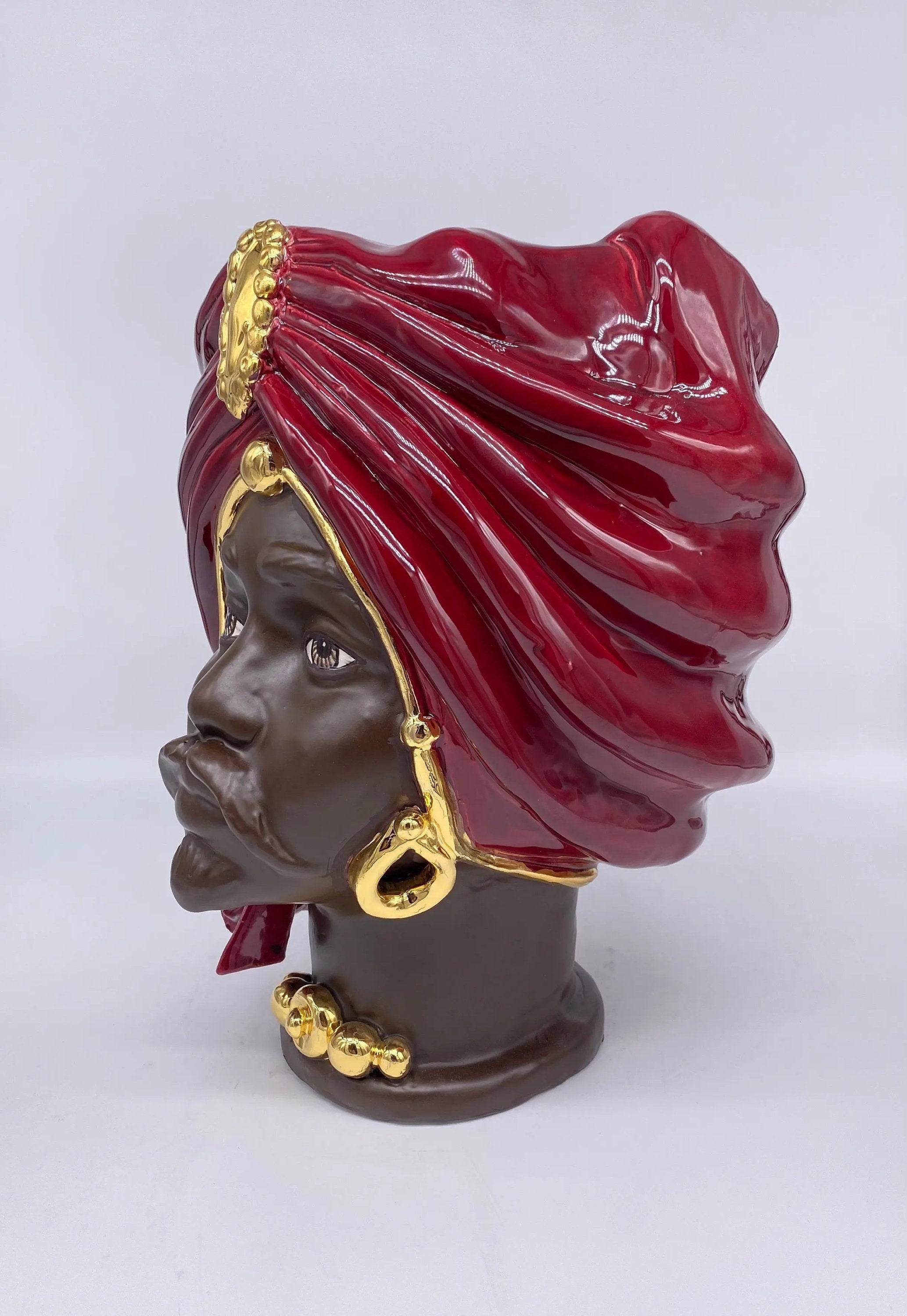 Teste di Moro Atena Ceramica Caltagirone cm H.30 L.23 Artigianale Bordeaux Marrone Oro DD CERAMICHE SICILIANE