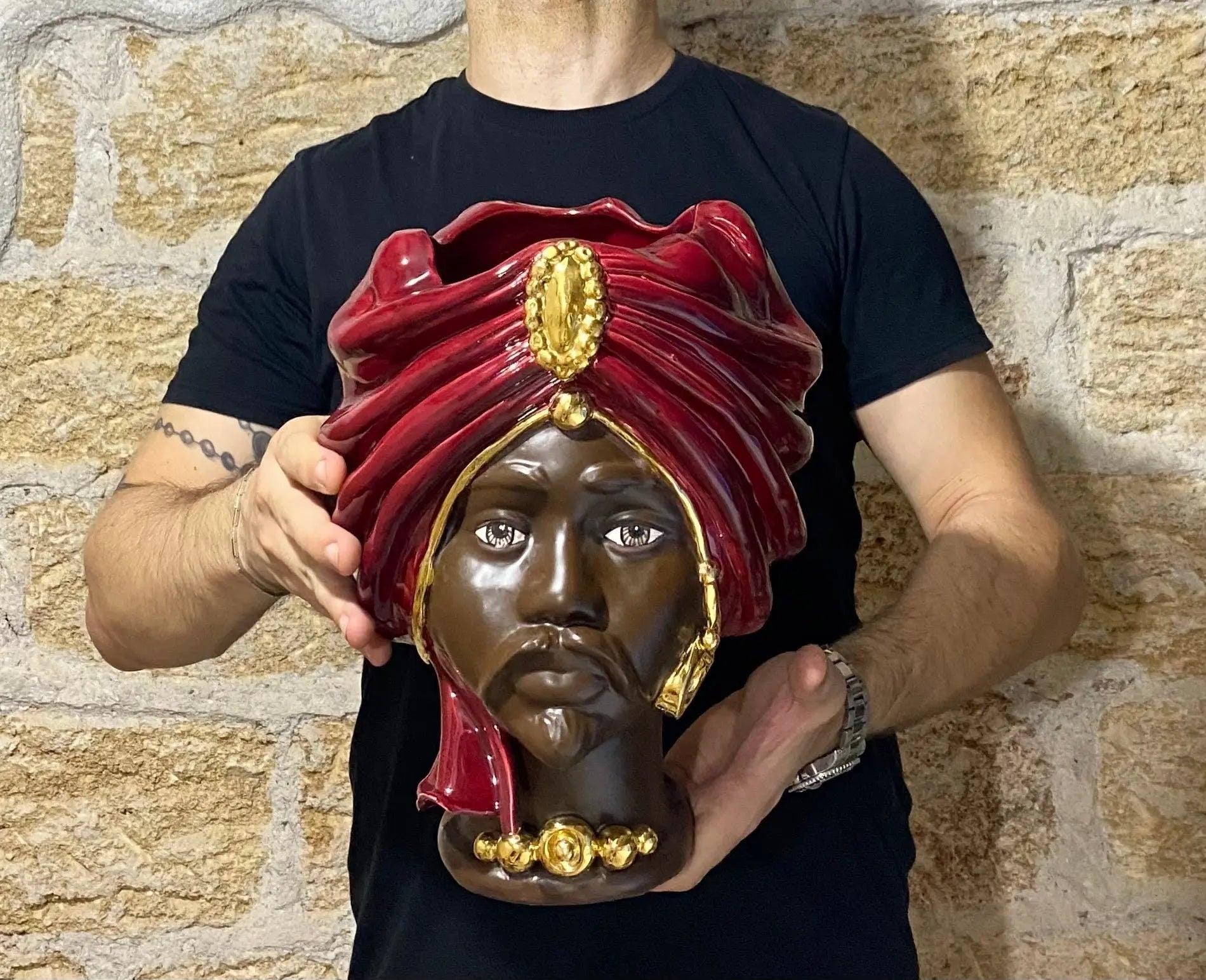 Teste di Moro Atena Ceramica Caltagirone cm H.30 L.23 Artigianale Bordeaux Marrone Oro DD CERAMICHE SICILIANE