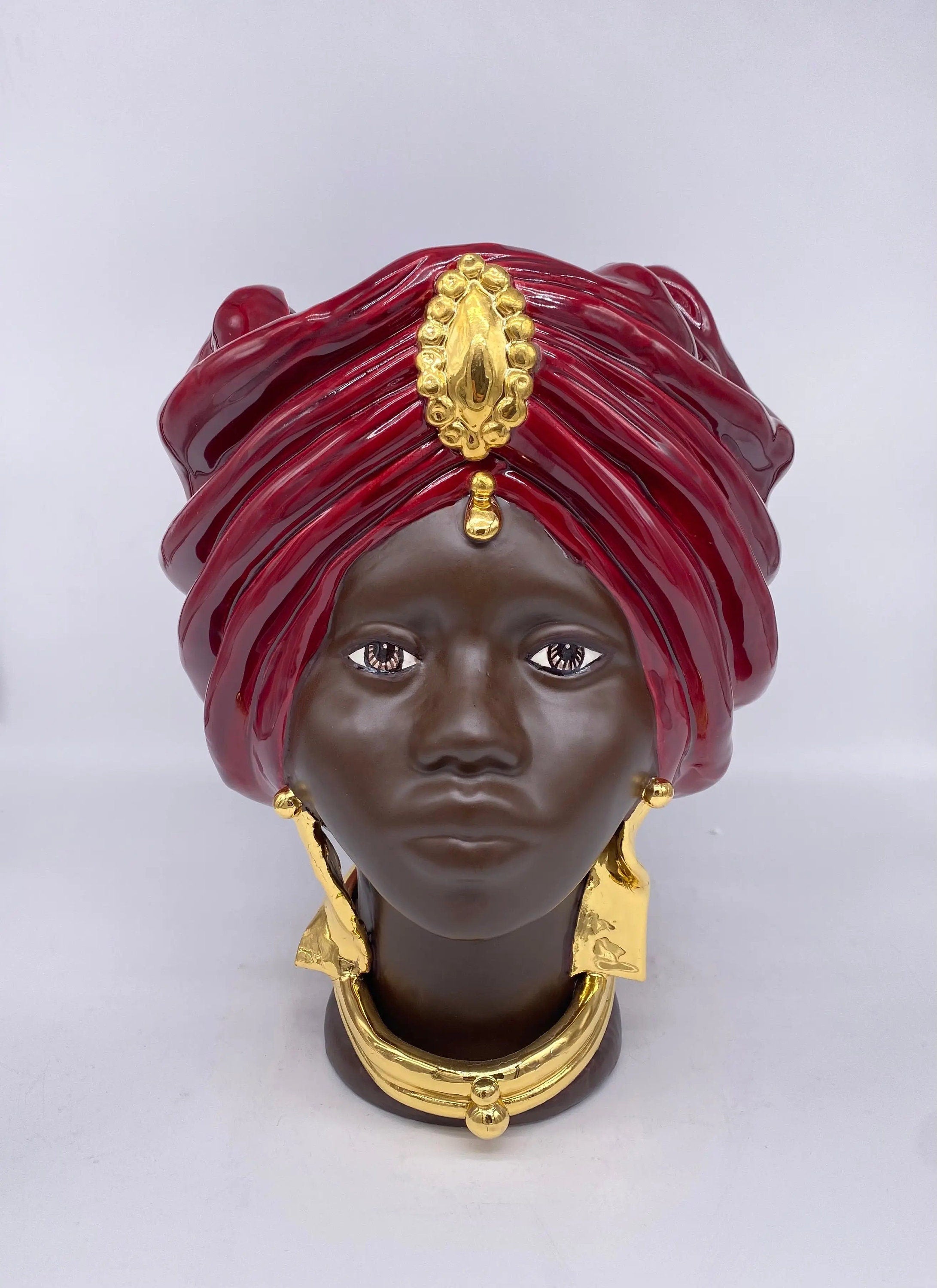 Teste di Moro Atena Ceramica Caltagirone cm H.30 L.23 Artigianale Bordeaux Marrone Oro DD CERAMICHE SICILIANE