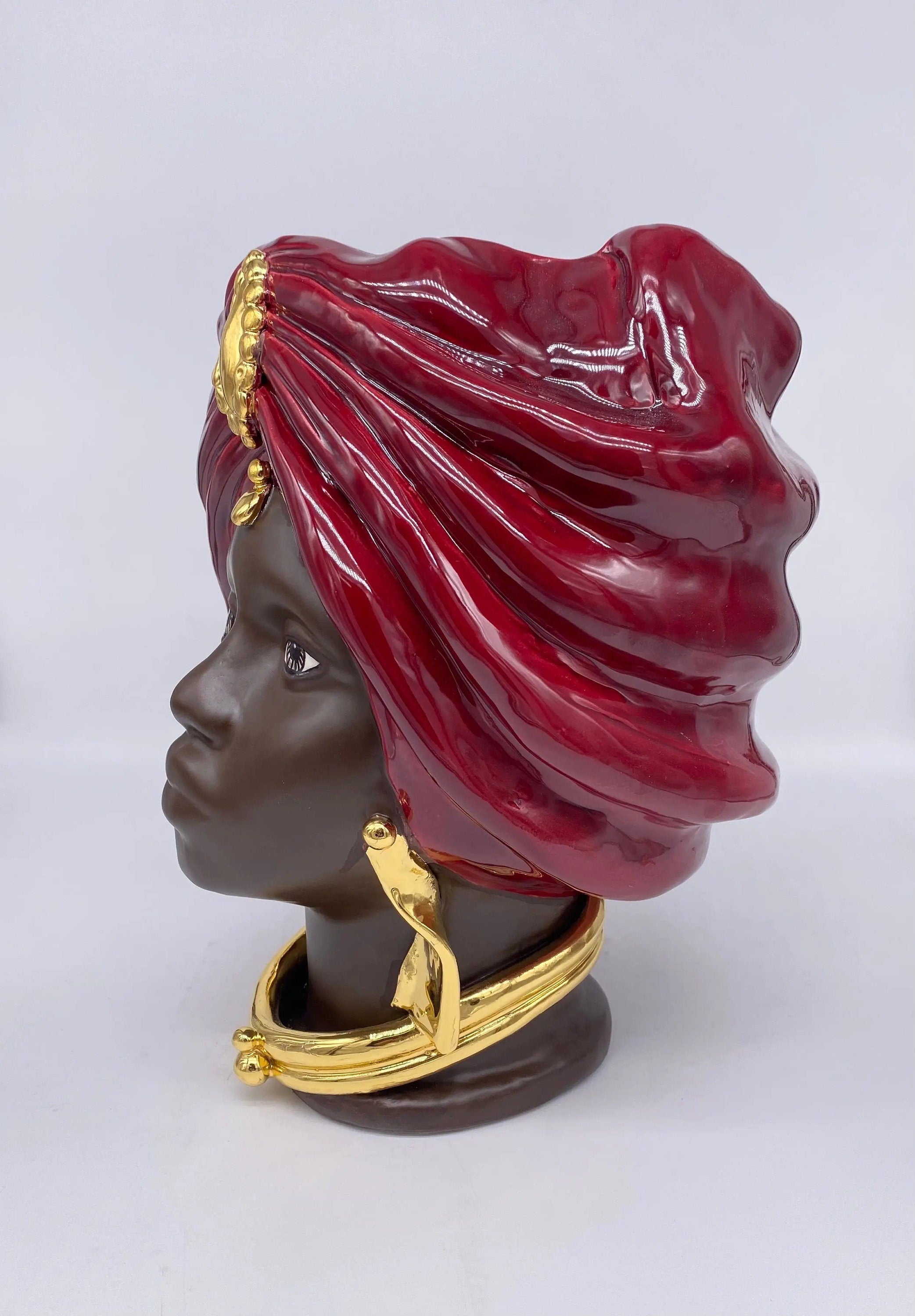 Teste di Moro Atena Ceramica Caltagirone cm H.30 L.23 Artigianale Bordeaux Marrone Oro DD CERAMICHE SICILIANE