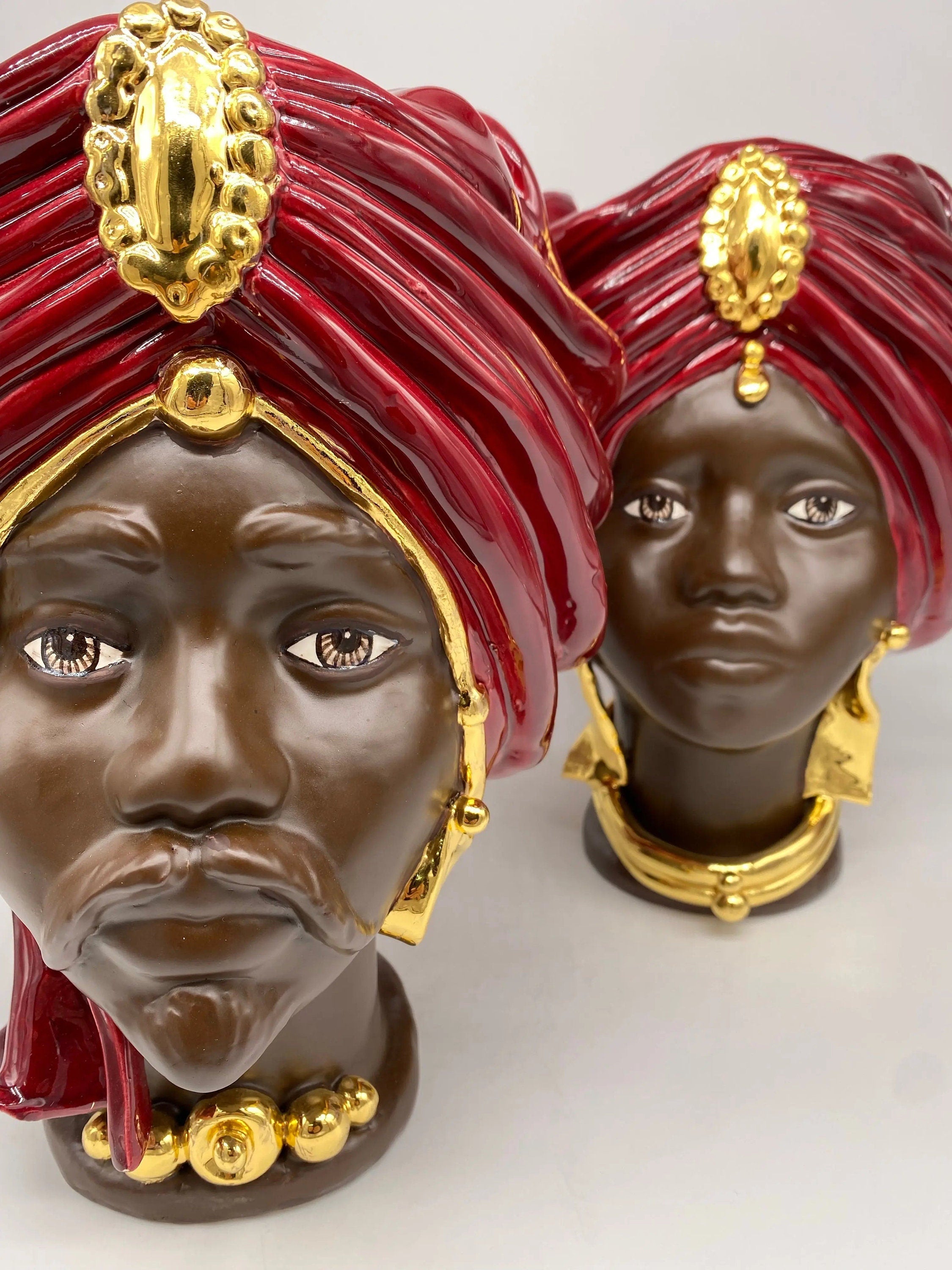 Teste di Moro Atena Ceramica Caltagirone cm H.30 L.23 Artigianale Bordeaux Marrone Oro DD CERAMICHE SICILIANE