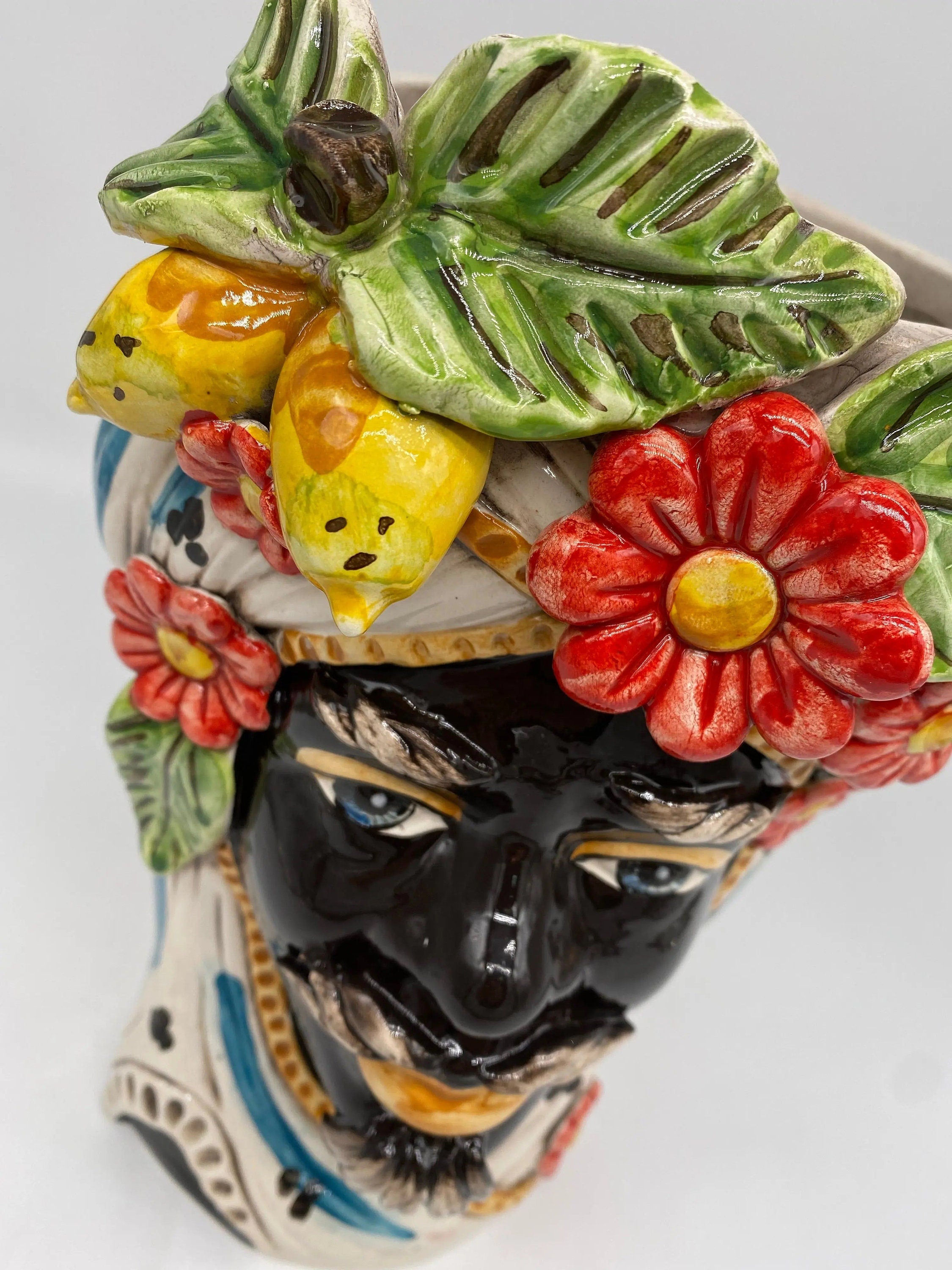 Teste di Moro Moresca Ceramica Caltagirone cm H.28 L.19 Artigianale Turbante Barocco Fiori Limoni DD CERAMICHE SICILIANE