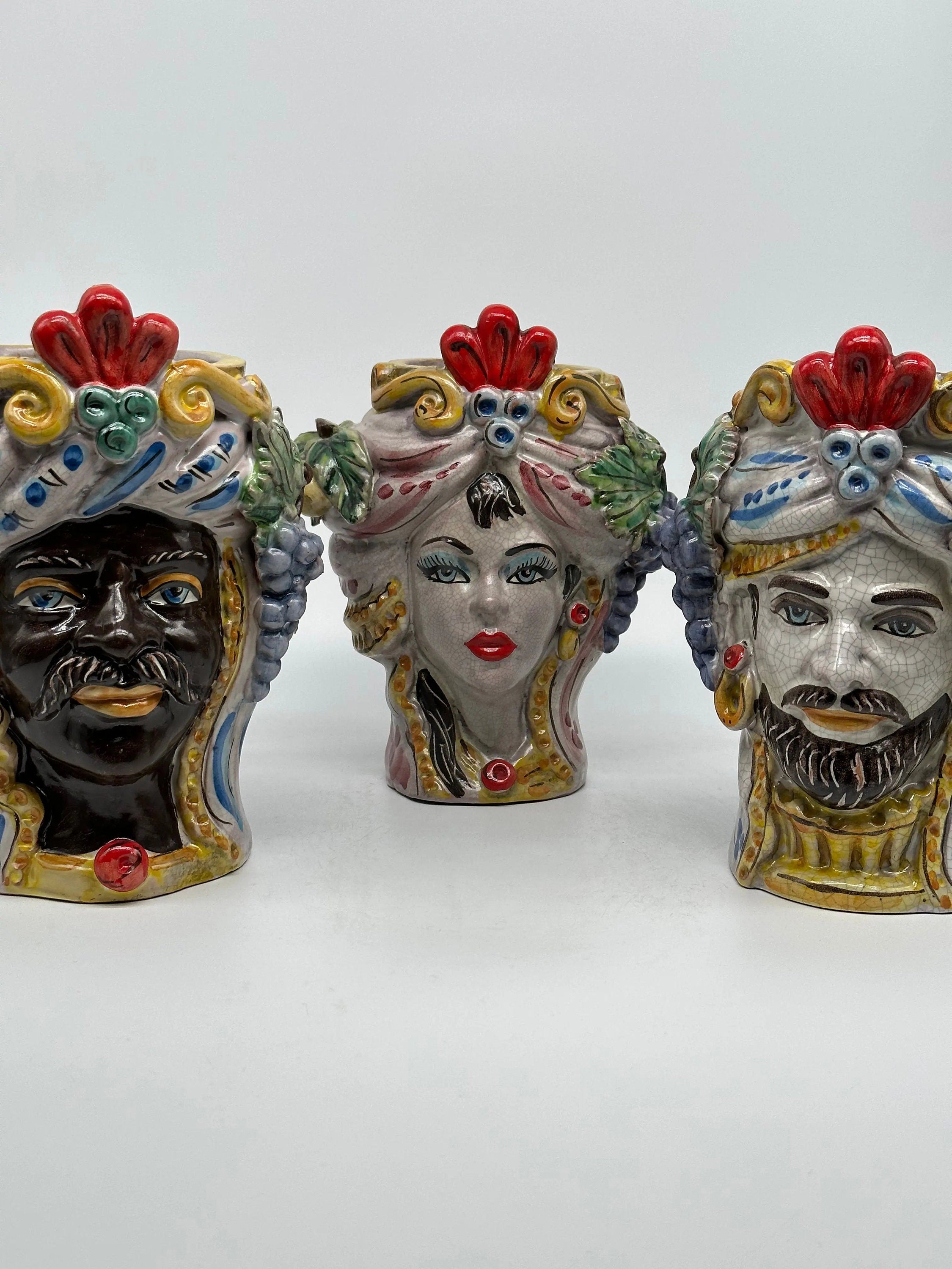 Teste di Moro Classica Ceramica Caltagirone cm H.20 L.13 Artigianale Craquelé DD CERAMICHE SICILIANE