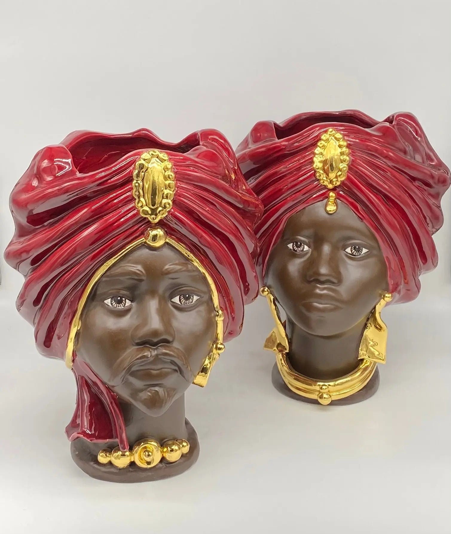 Teste di Moro Atena Ceramica Caltagirone cm H.30 L.23 Artigianale Bordeaux Marrone Oro DD CERAMICHE SICILIANE
