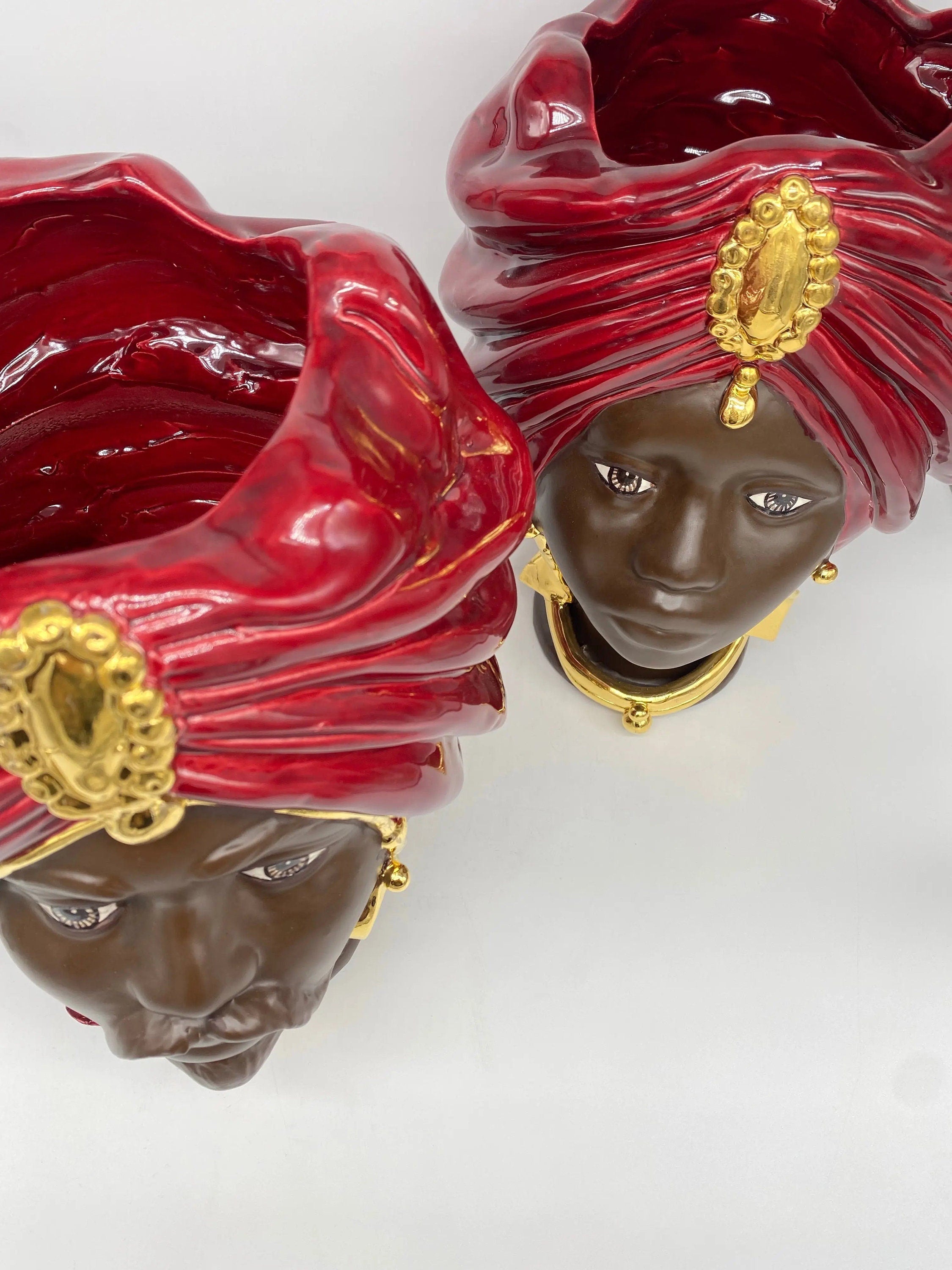 Teste di Moro Atena Ceramica Caltagirone cm H.30 L.23 Artigianale Bordeaux Marrone Oro DD CERAMICHE SICILIANE