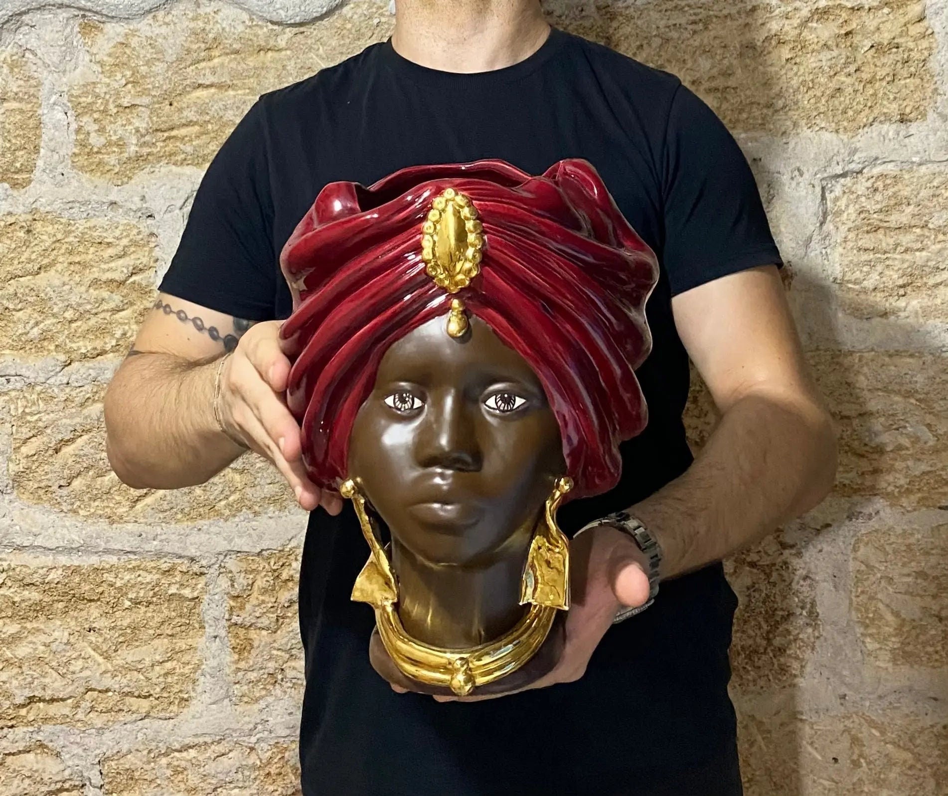 Teste di Moro Atena Ceramica Caltagirone cm H.30 L.23 Artigianale Bordeaux Marrone Oro DD CERAMICHE SICILIANE