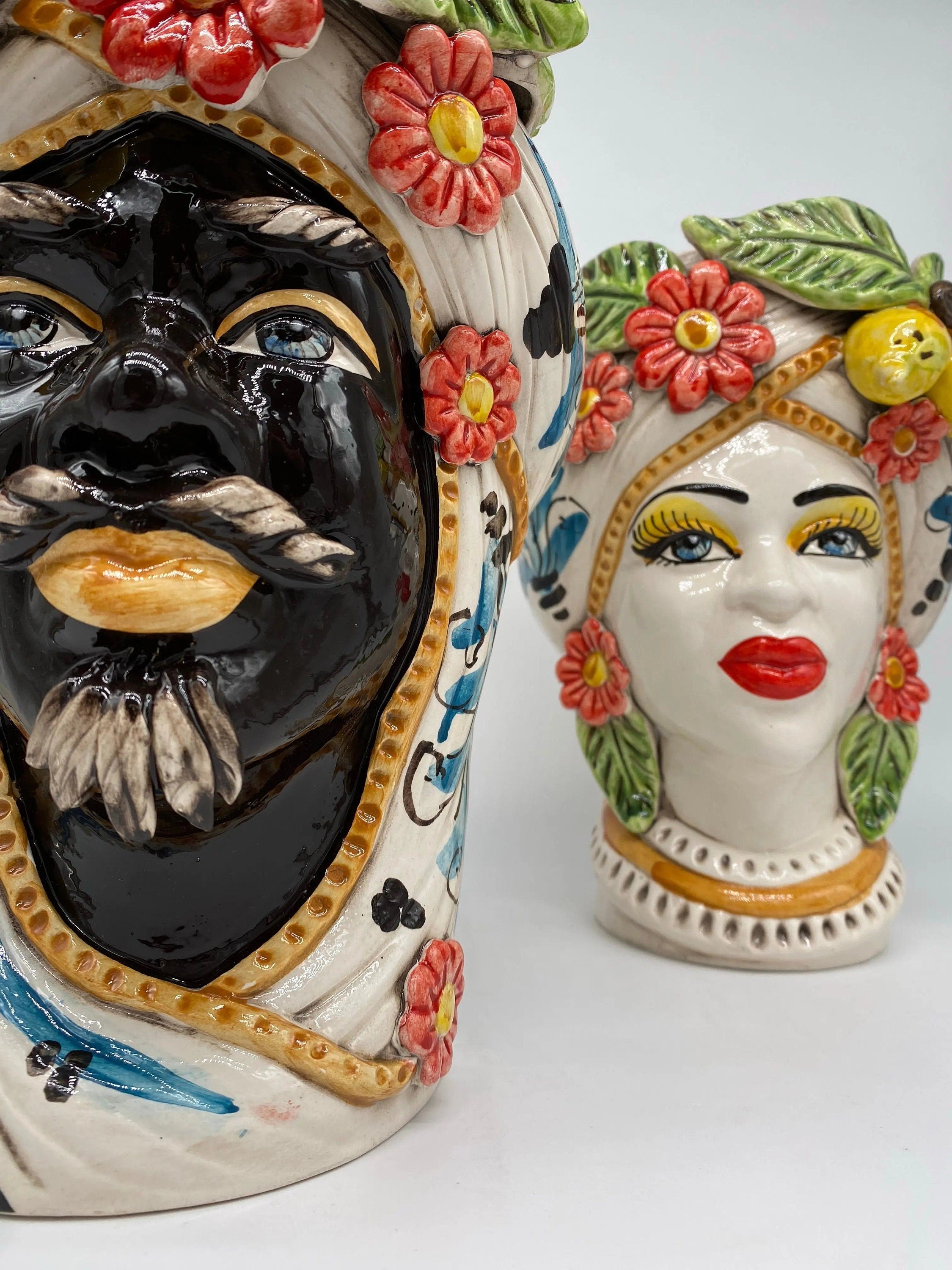 Teste di Moro Moresca Ceramica Caltagirone cm H.28 L.19 Artigianale Turbante Barocco Fiori Limoni DD CERAMICHE SICILIANE