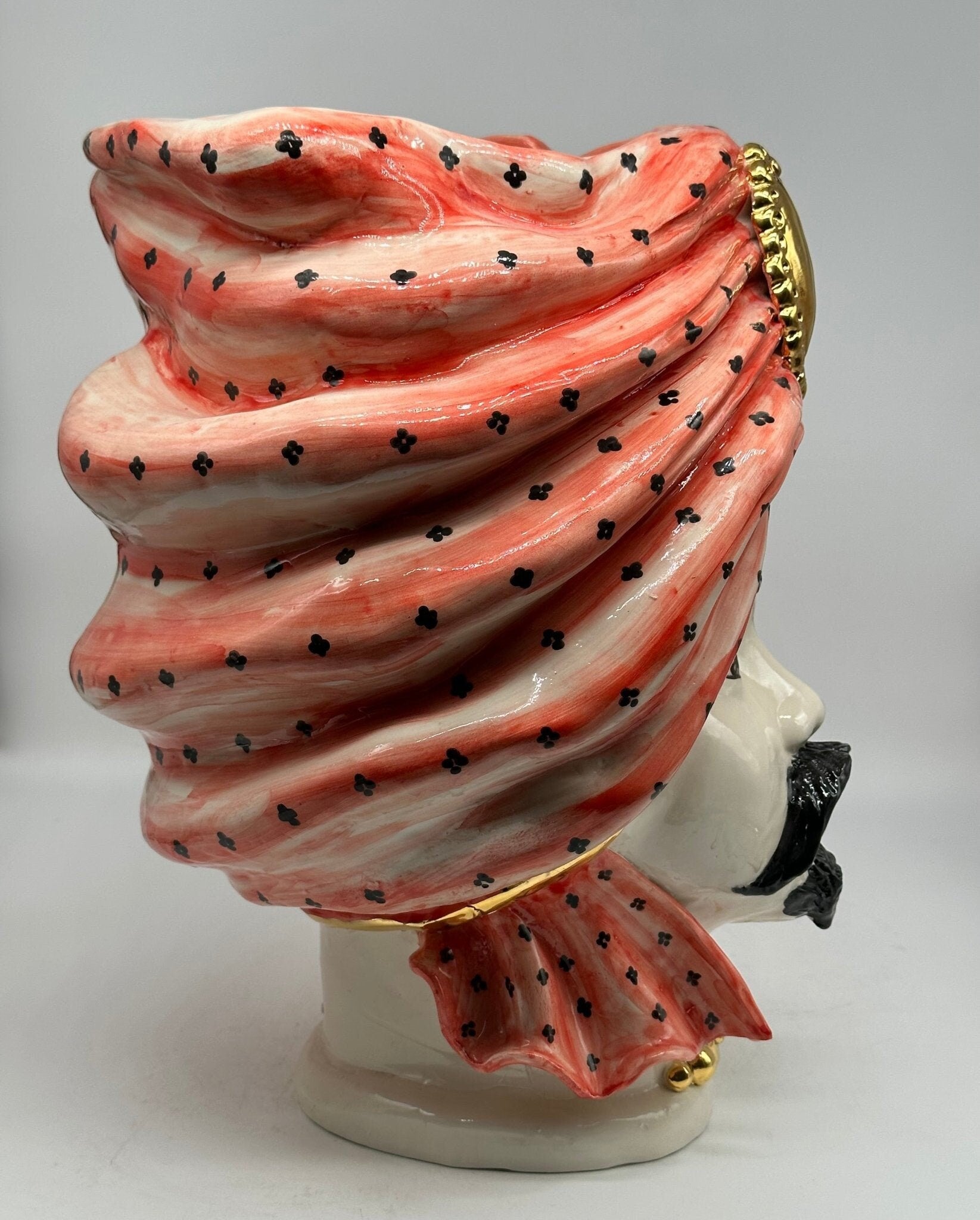 Teste di Moro Atena Ceramica Caltagirone cm H.40 L.28 Artigianale Rosso Bianco Oro - DD CERAMICHE SICILIANE