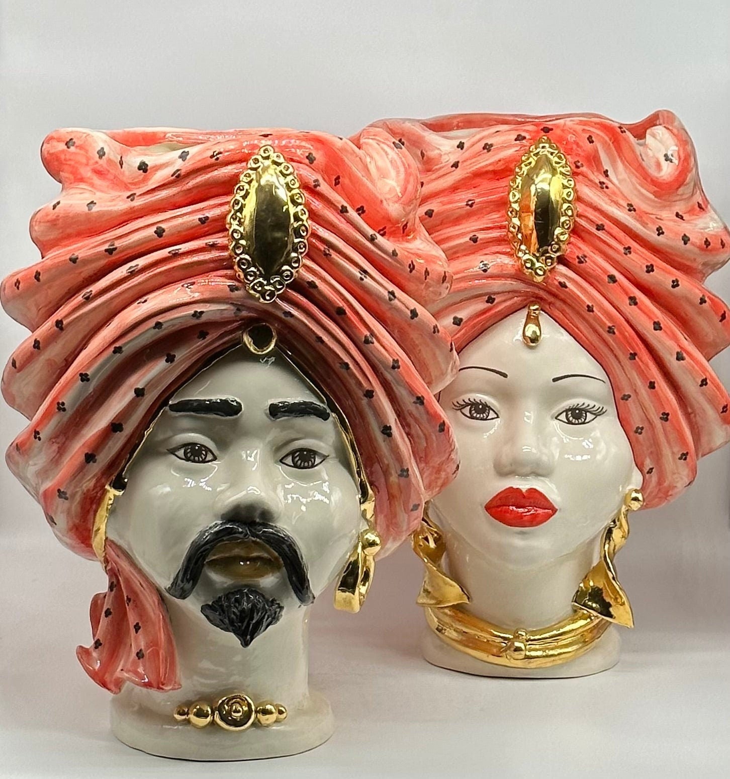 Teste di Moro Atena Ceramica Caltagirone cm H.40 L.28 Artigianale Rosso Bianco Oro - DD CERAMICHE SICILIANE