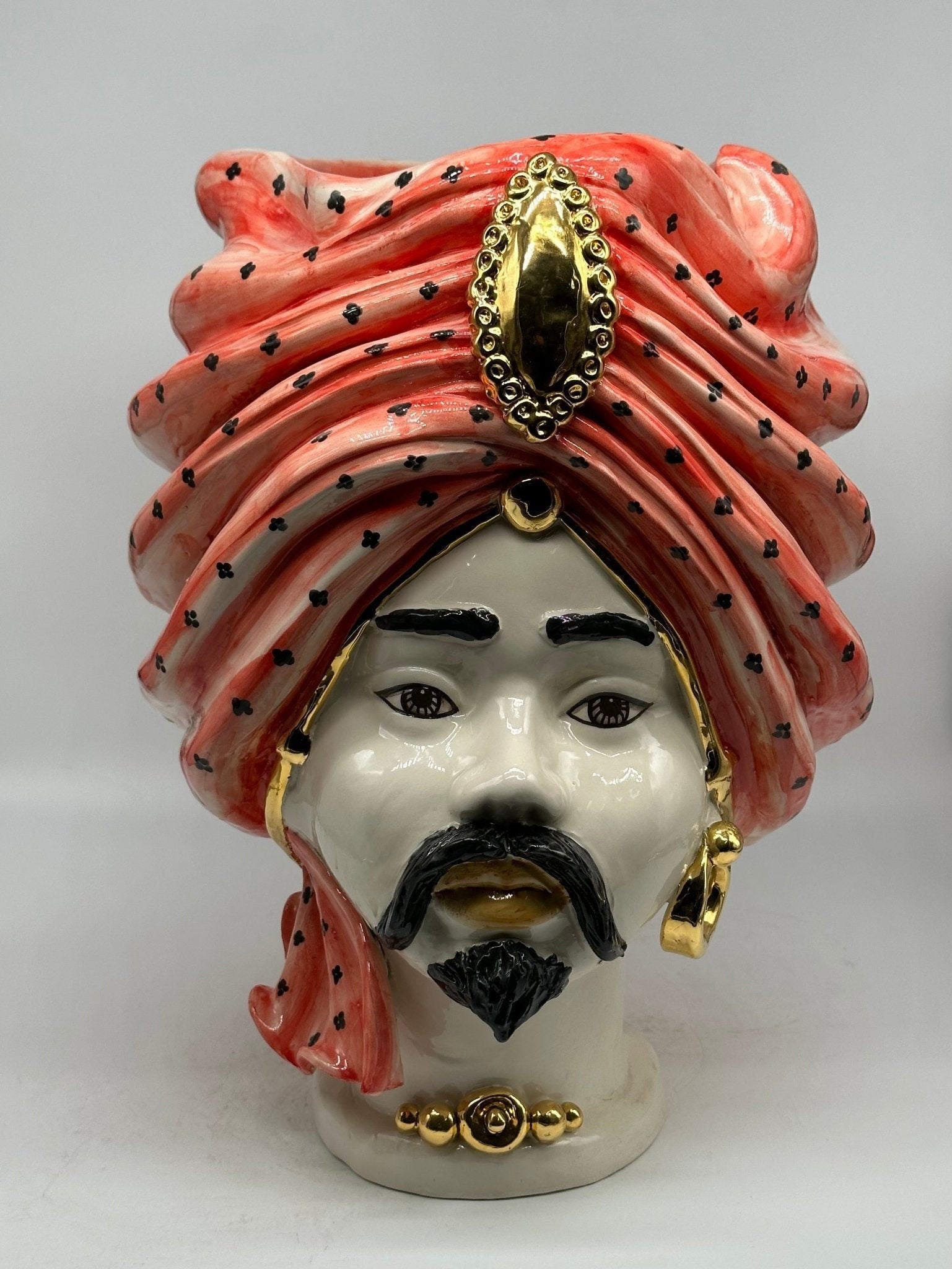 Teste di Moro Atena Ceramica Caltagirone cm H.40 L.28 Artigianale Rosso Bianco Oro - DD CERAMICHE SICILIANE