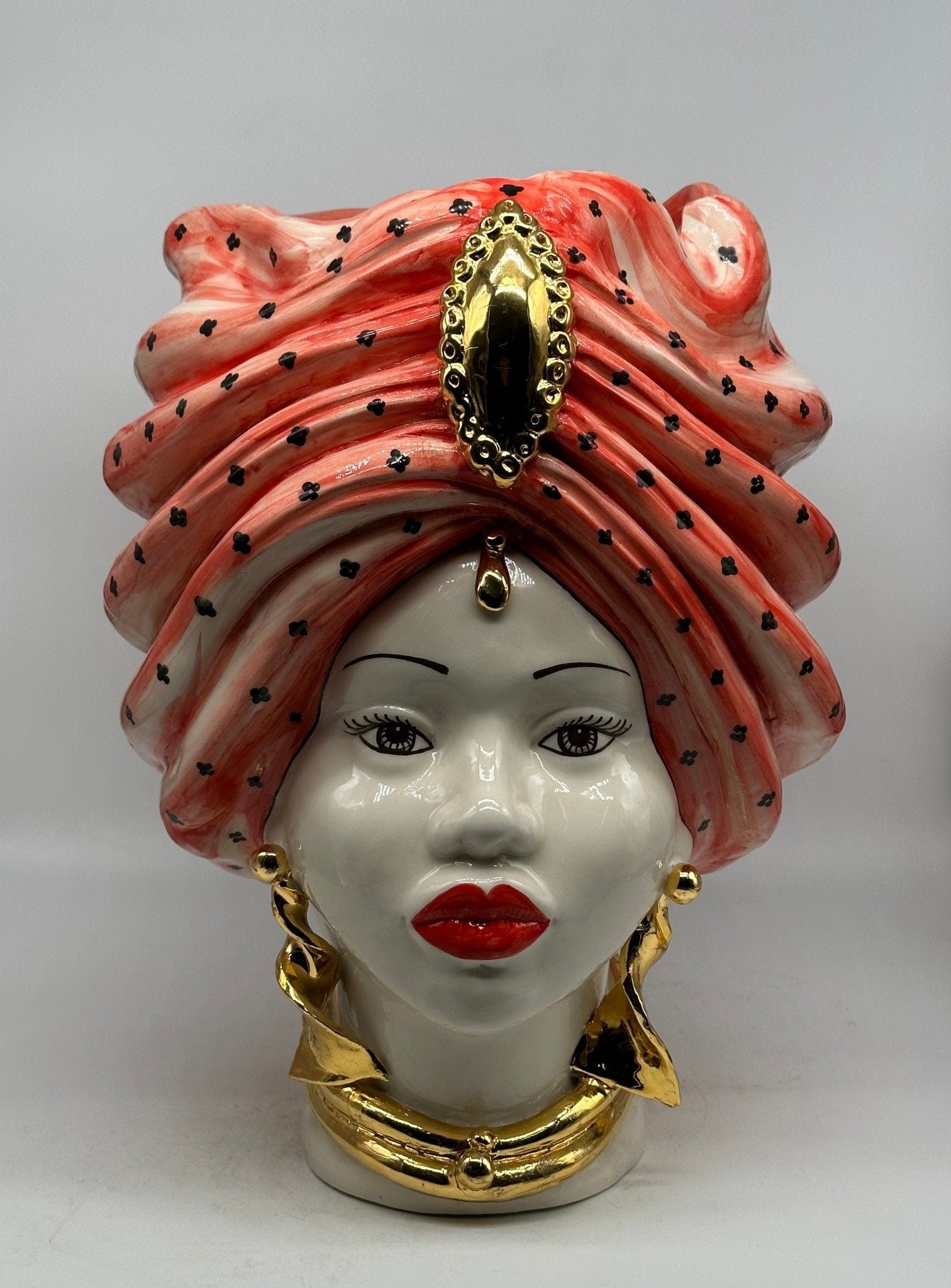 Teste di Moro Atena Ceramica Caltagirone cm H.40 L.28 Artigianale Rosso Bianco Oro - DD CERAMICHE SICILIANE