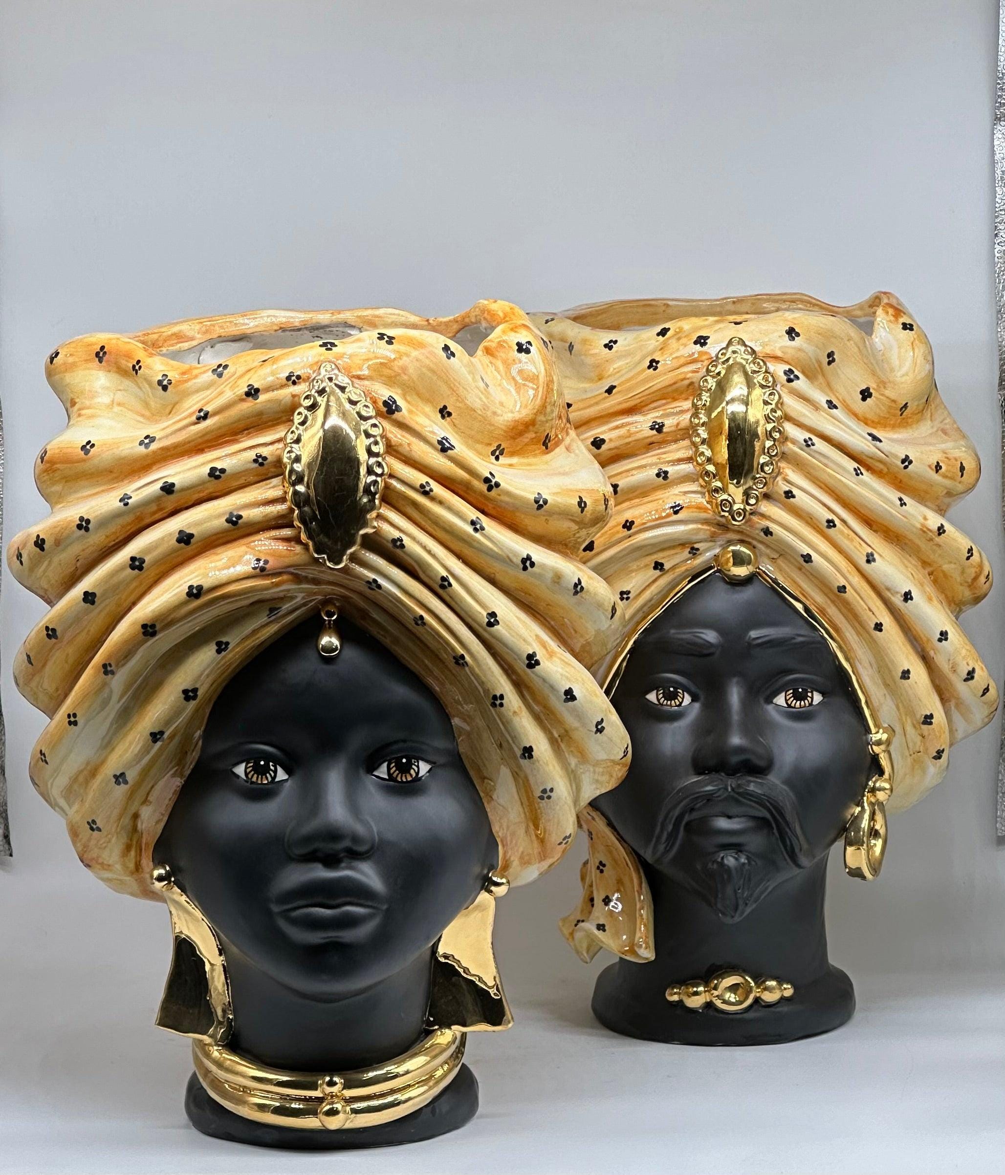 Teste di Moro Atena Ceramica Caltagirone cm H.40 L.28 Artigianale Arancio Pois Nero Oro - TESTA DI MORO