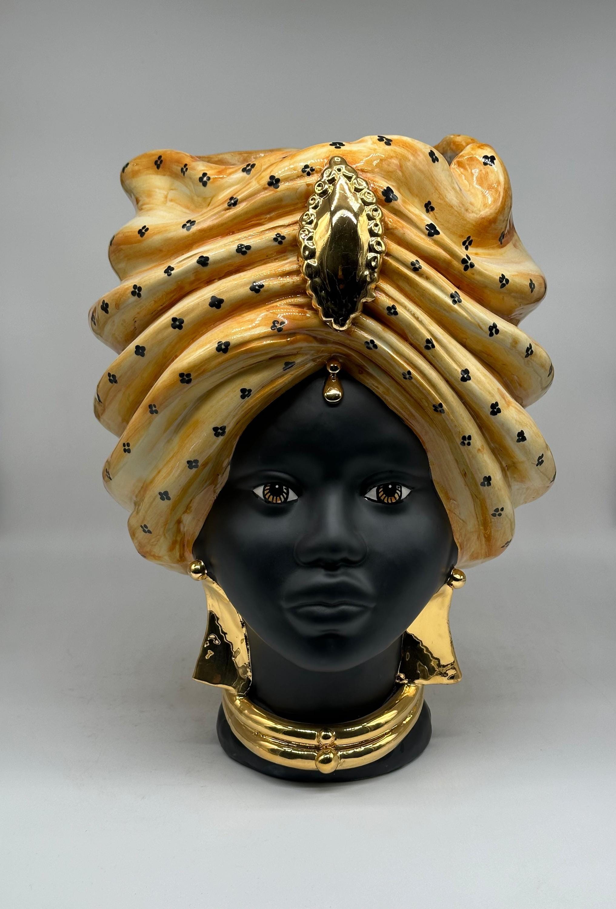 Teste di Moro Atena Ceramica Caltagirone cm H.40 L.28 Artigianale Arancio Pois Nero Oro - Donna - TESTA DI MORO