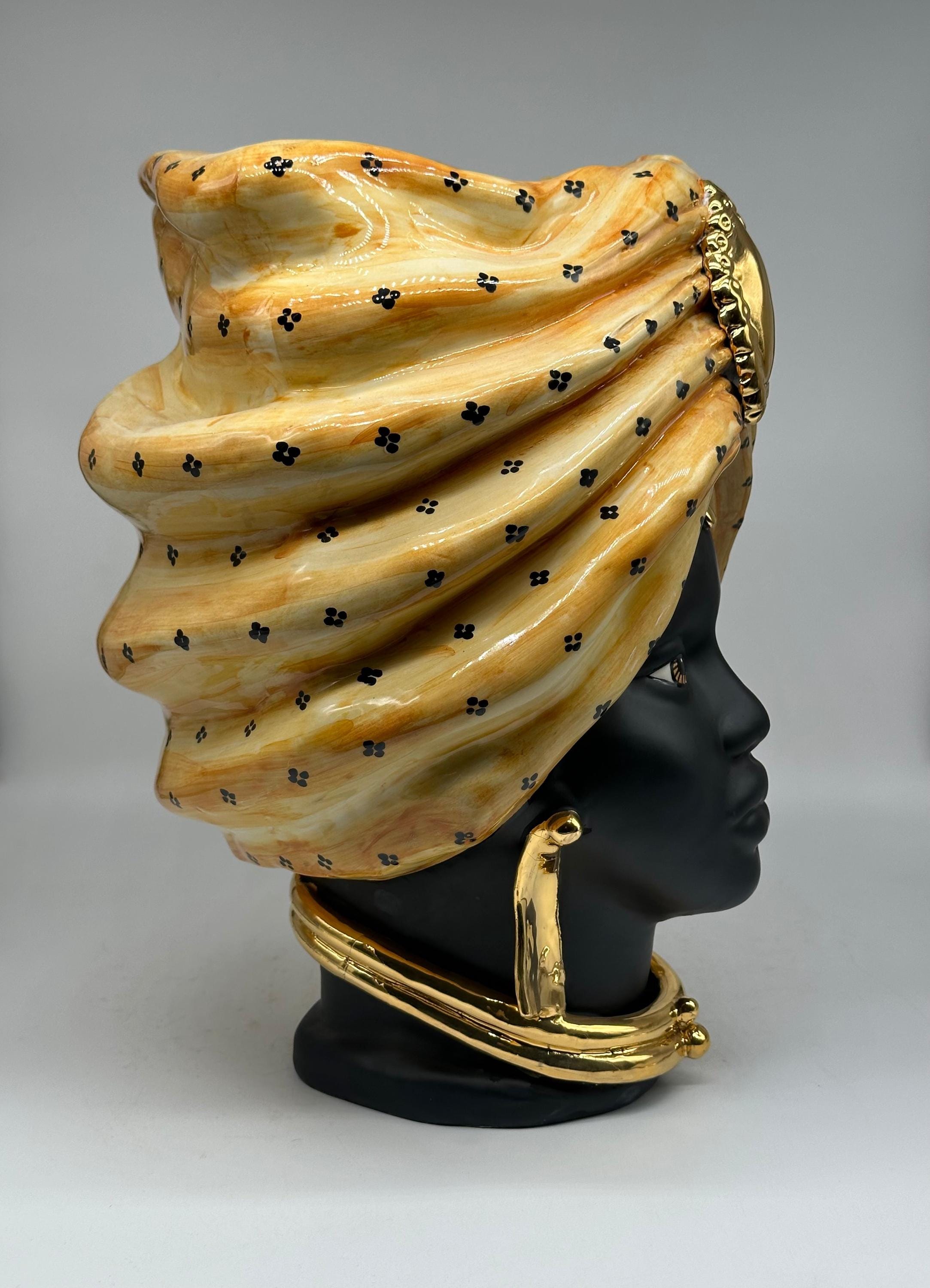 Teste di Moro Atena Ceramica Caltagirone cm H.40 L.28 Artigianale Arancio Pois Nero Oro - TESTA DI MORO