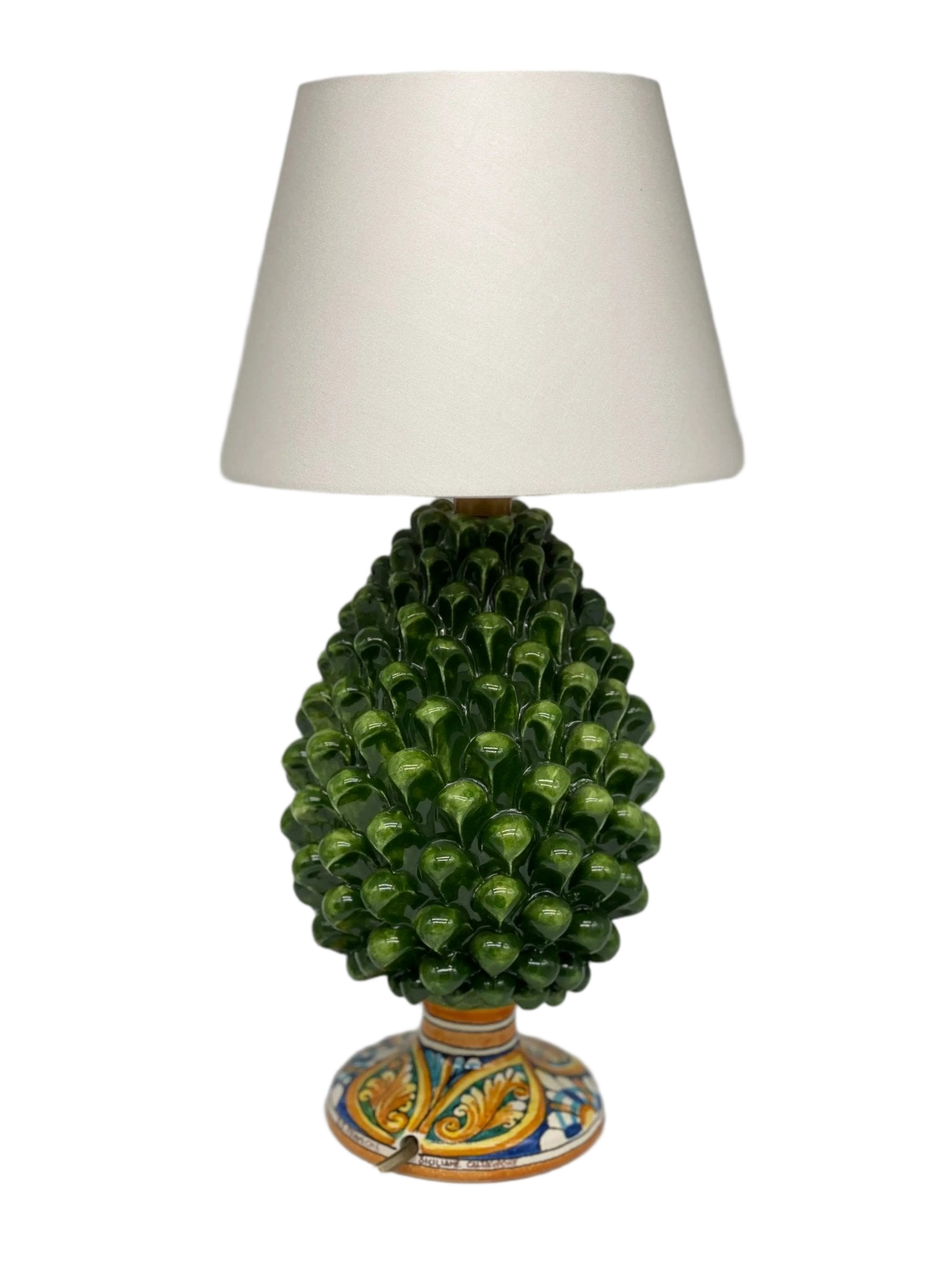 Lampada Pigna Ceramica Caltagirone cm H.25 Artigianale Verde Prato Base Decorata - DD CERAMICHE SICILIANE