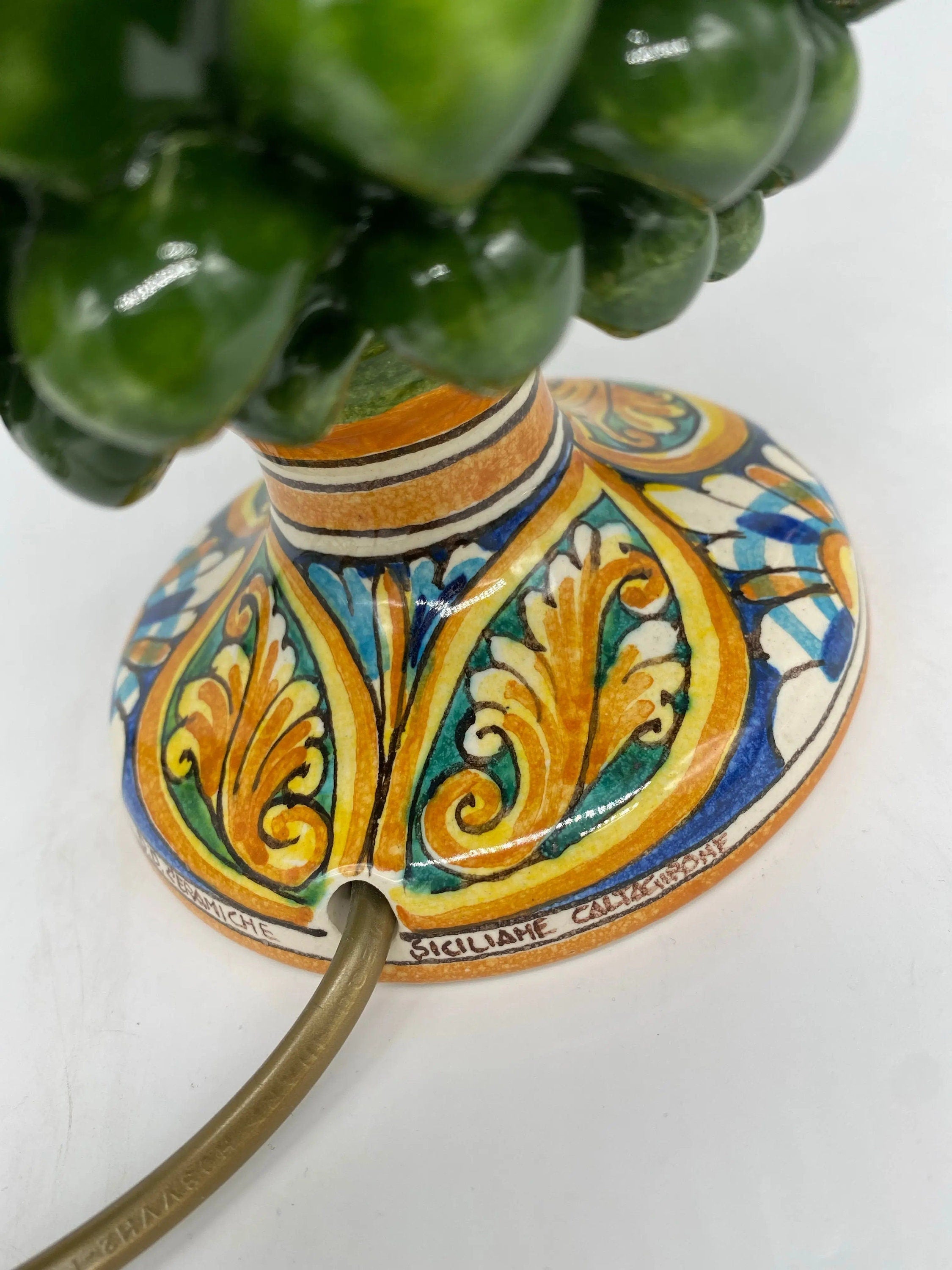 Lampada Pigna Ceramica Caltagirone cm H.25 Artigianale Verde Prato Base Decorata DD CERAMICHE SICILIANE