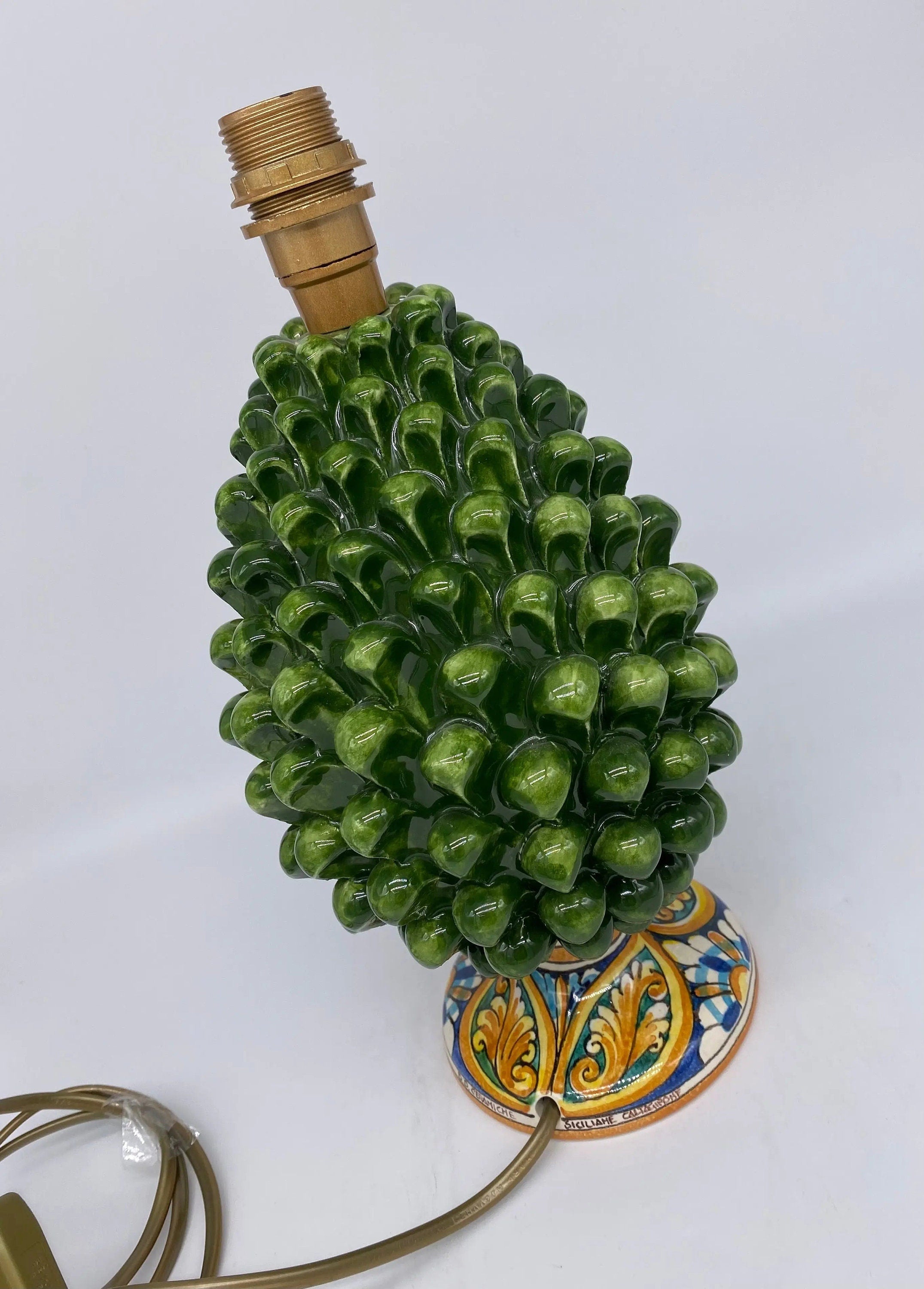 Lampada Pigna Ceramica Caltagirone cm H.25 Artigianale Verde Prato Base Decorata DD CERAMICHE SICILIANE