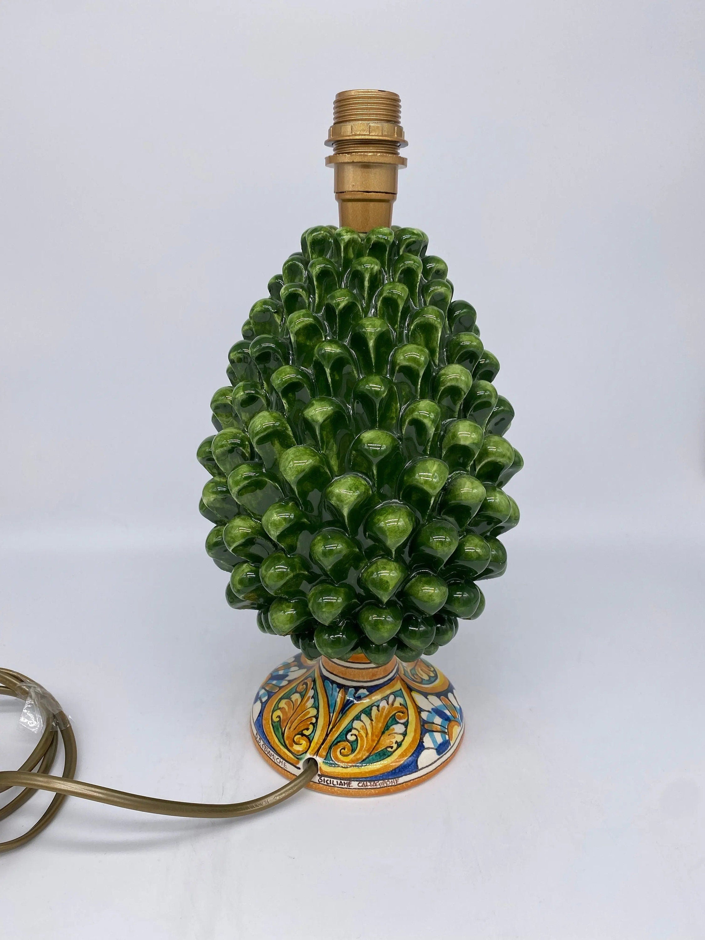 Lampada Pigna Ceramica Caltagirone cm H.25 Artigianale Verde Prato Base Decorata DD CERAMICHE SICILIANE