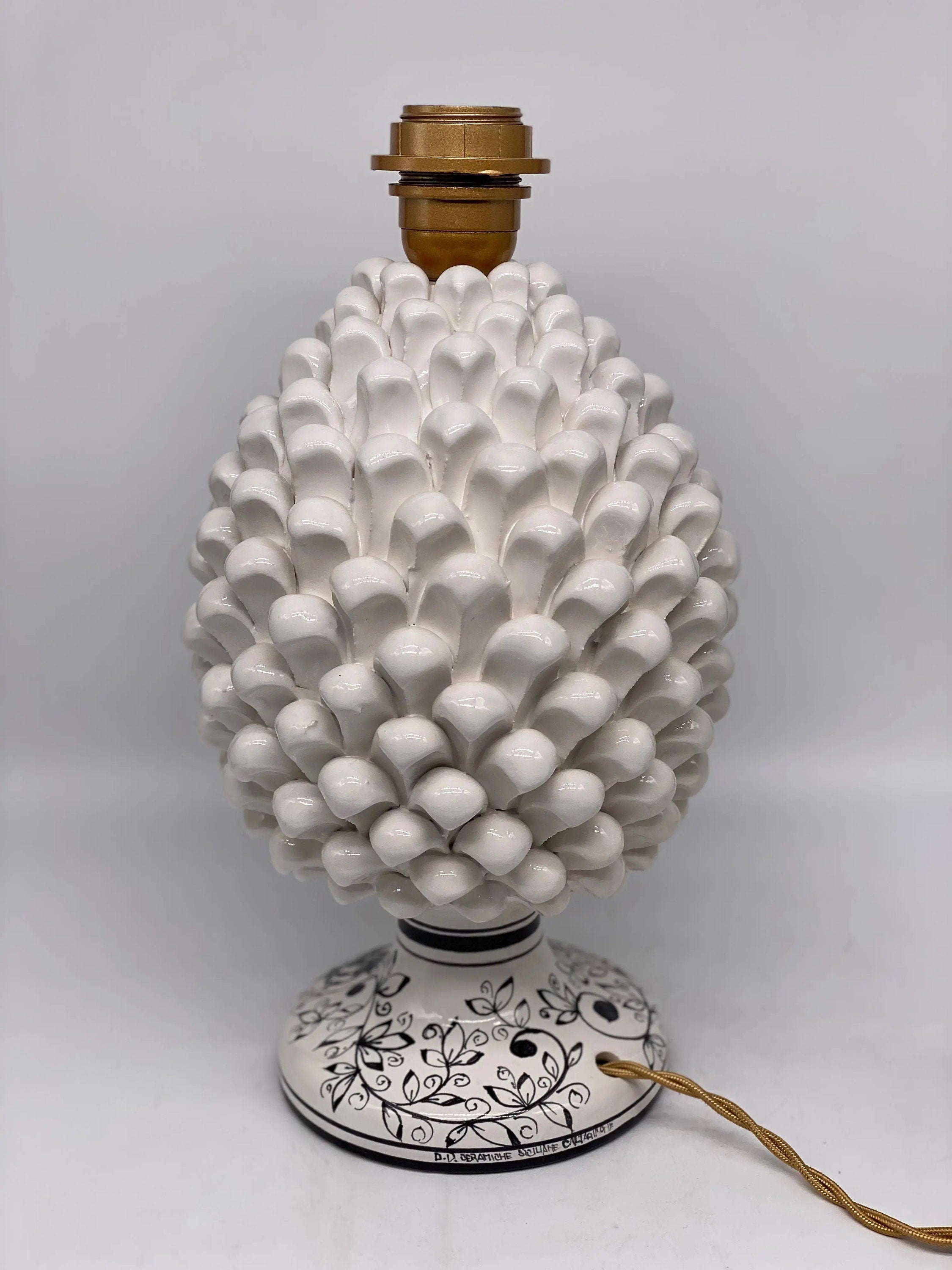Lampada Pigna Ceramica Caltagirone cm H.30 Artigianale Bianco Base Decorata DD CERAMICHE SICILIANE