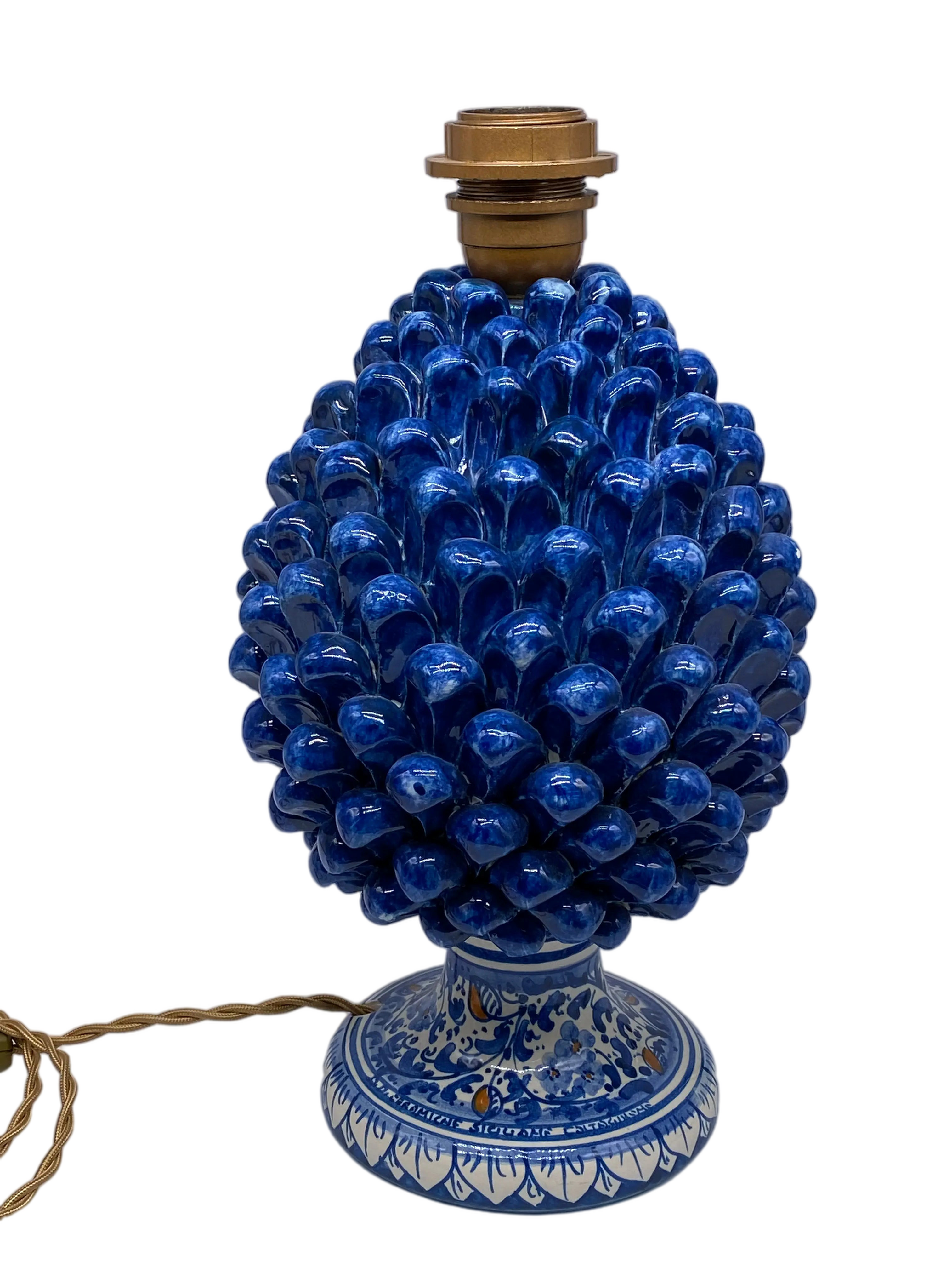 Lampada Pigna Ceramica Caltagirone cm H.30 Artigianale Blu Antico Base Decorata DD CERAMICHE SICILIANE