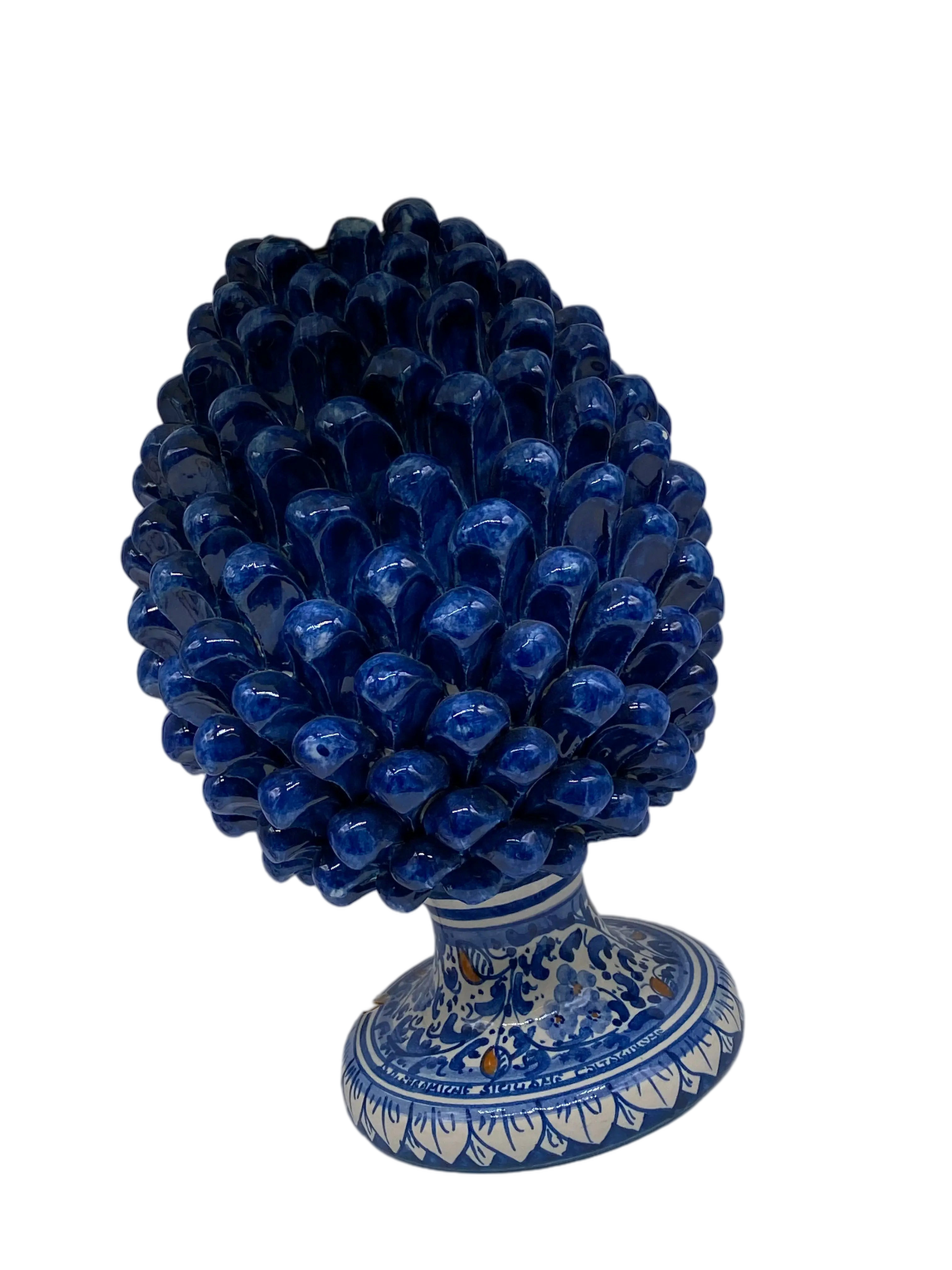 Lampada Pigna Ceramica Caltagirone cm H.30 Artigianale Blu Antico Base Decorata DD CERAMICHE SICILIANE