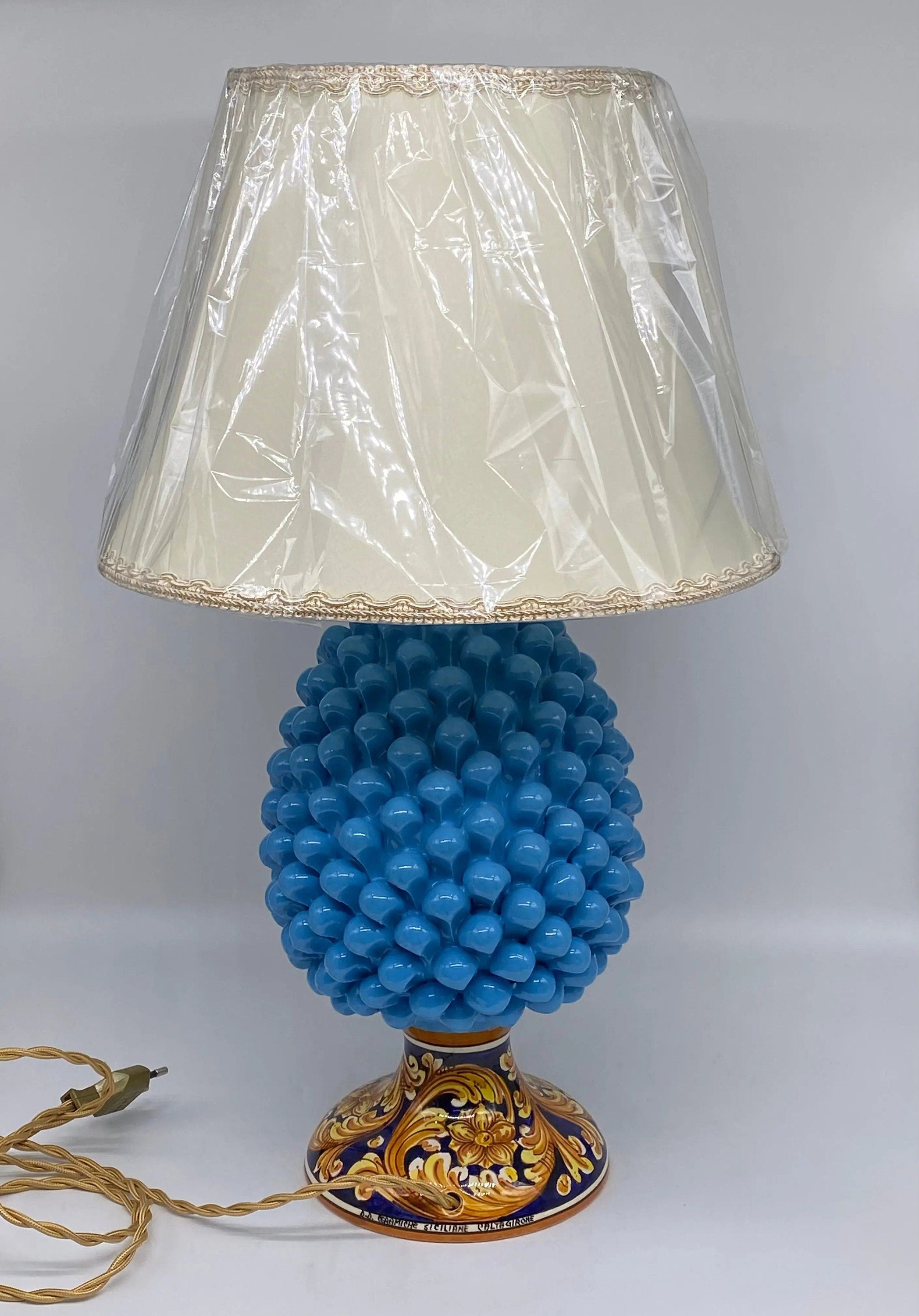 Lampada Pigna Ceramica Caltagirone cm H.30 Artigianale Celeste Base Decorata DD CERAMICHE SICILIANE