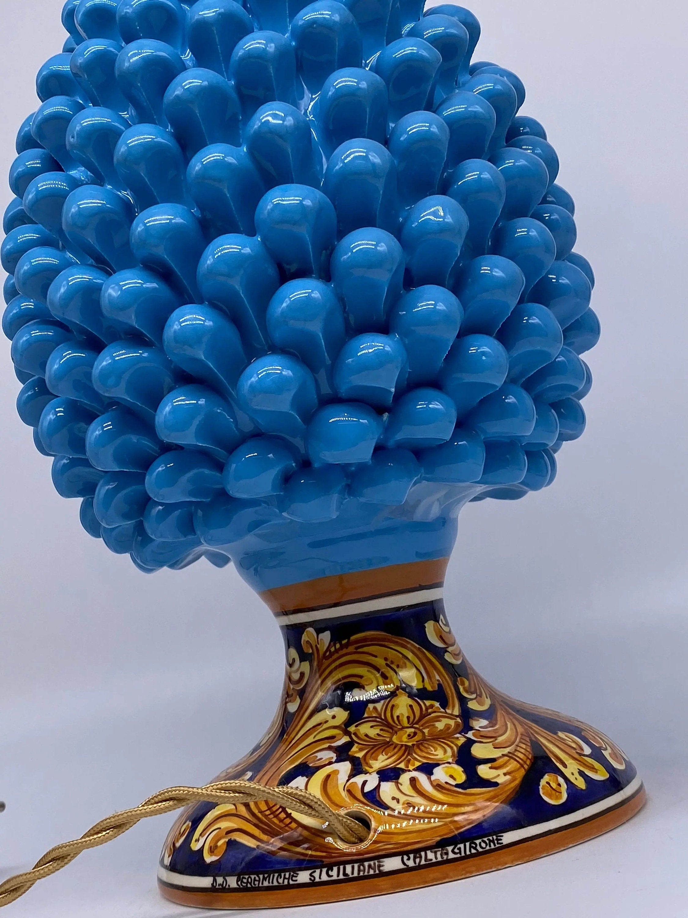 Lampada Pigna Ceramica Caltagirone cm H.30 Artigianale Celeste Base Decorata DD CERAMICHE SICILIANE