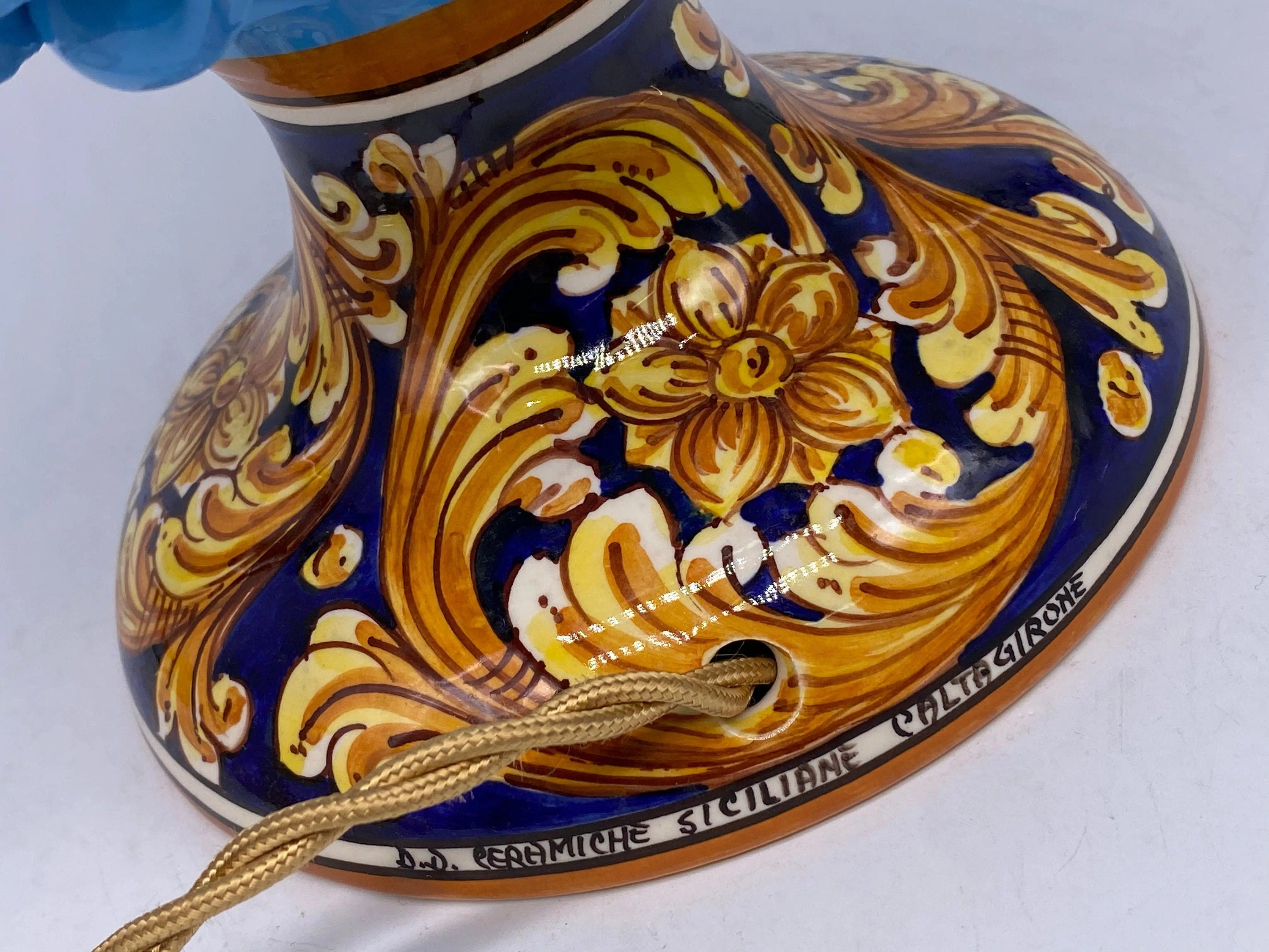 Lampada Pigna Ceramica Caltagirone cm H.30 Artigianale Celeste Base Decorata DD CERAMICHE SICILIANE