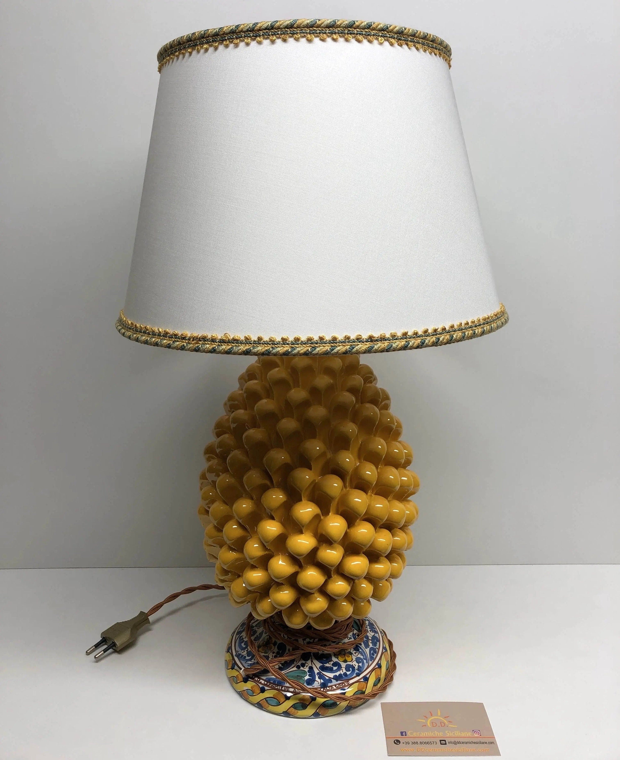 Lampada Pigna Ceramica Caltagirone cm H.30 Artigianale Giallo Base Decorata DD CERAMICHE SICILIANE