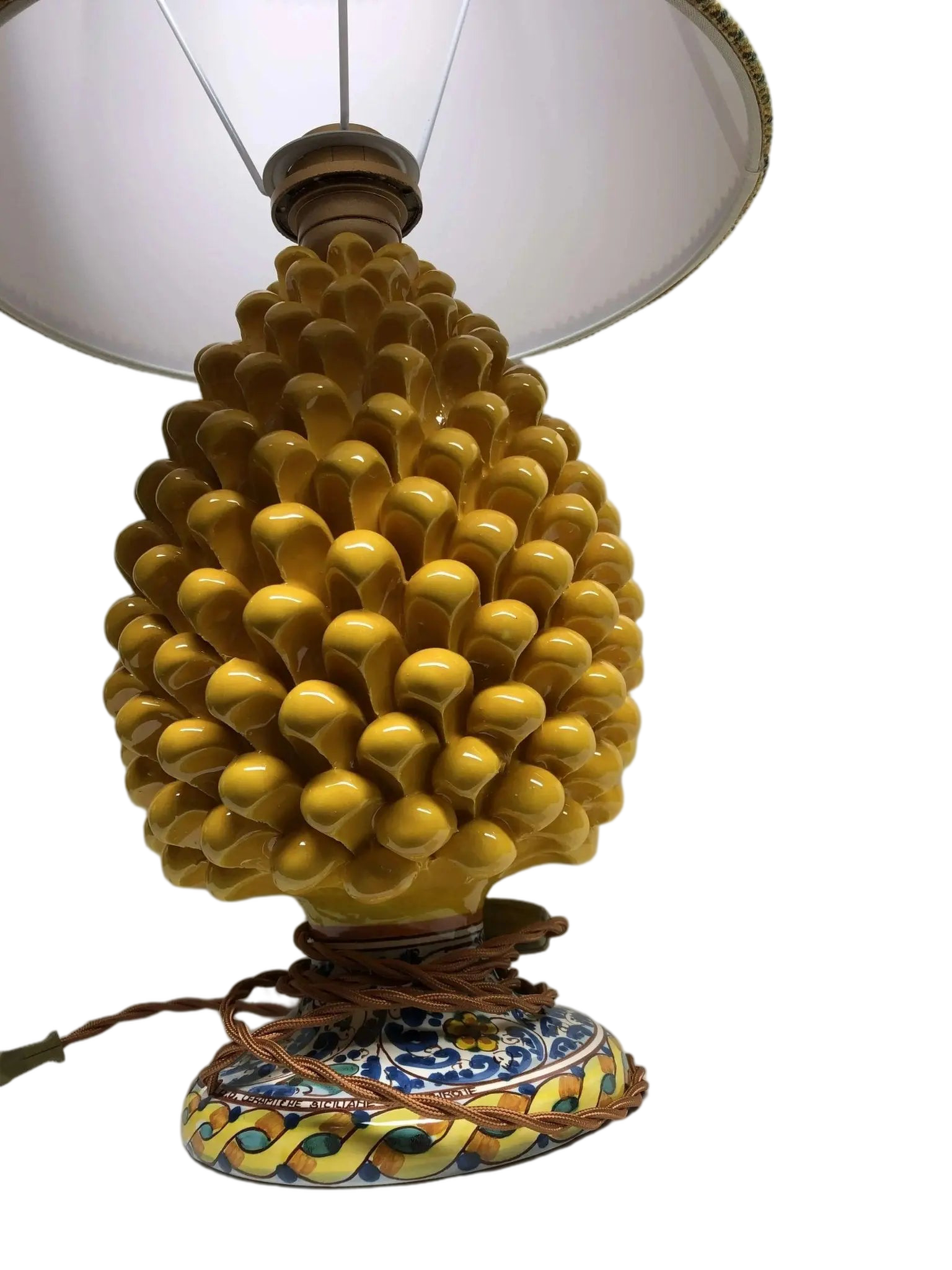 Lampada Pigna Ceramica Caltagirone cm H.30 Artigianale Giallo Base Decorata - DD CERAMICHE SICILIANE