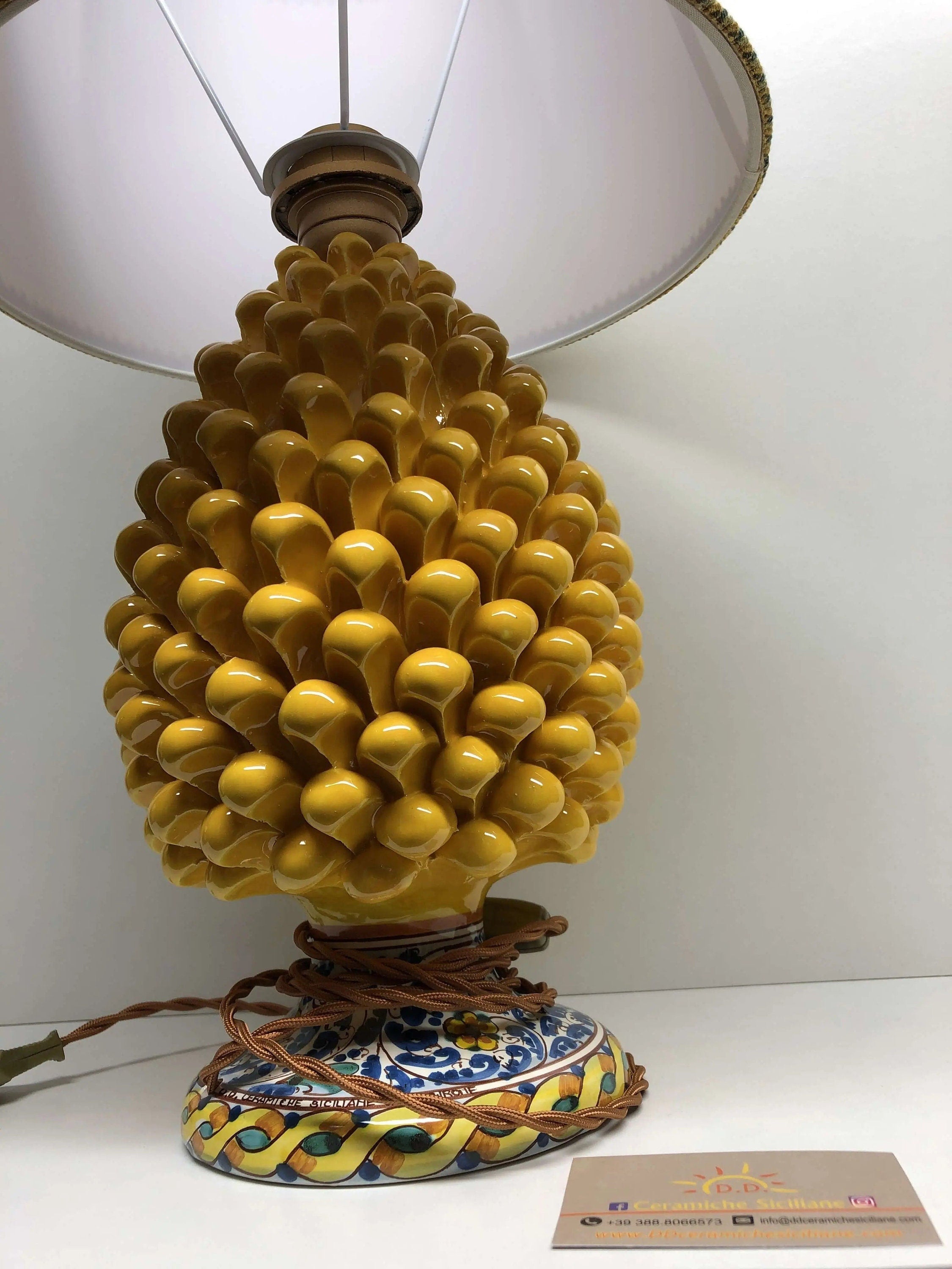 Lampada Pigna Ceramica Caltagirone cm H.30 Artigianale Giallo Base Decorata DD CERAMICHE SICILIANE